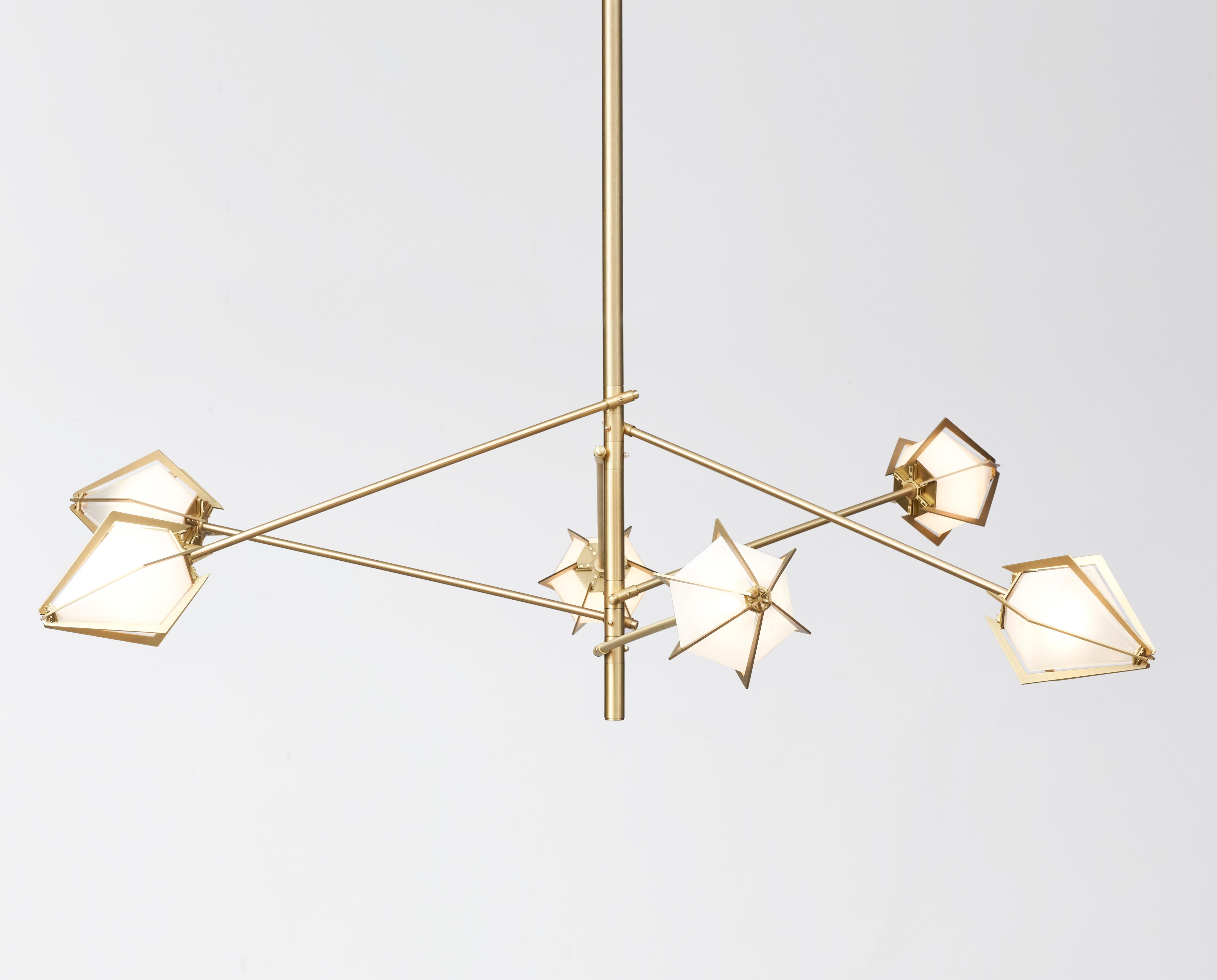 Harlow spoke chandelier is an elegant sculptural light fixture inspired by jewelry design featuring a mold-blown glass gem in a chic metallic setting to create an asymmetrical starburst of light. Harlow is available in various color ways, and held