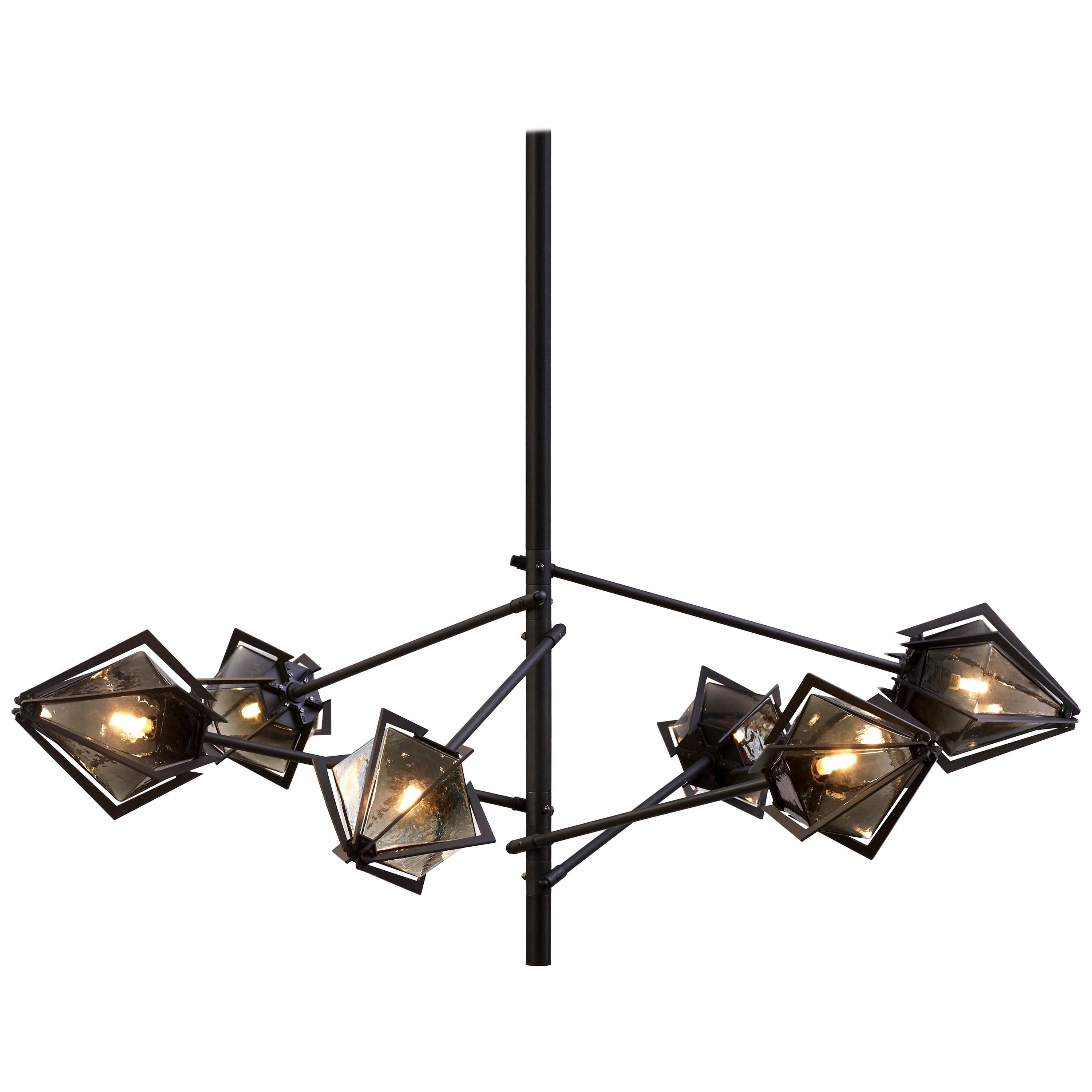 Black (Black Steel) Harlow Spoke Chandelier in Smoked Gray Glass by Gabriel Scott