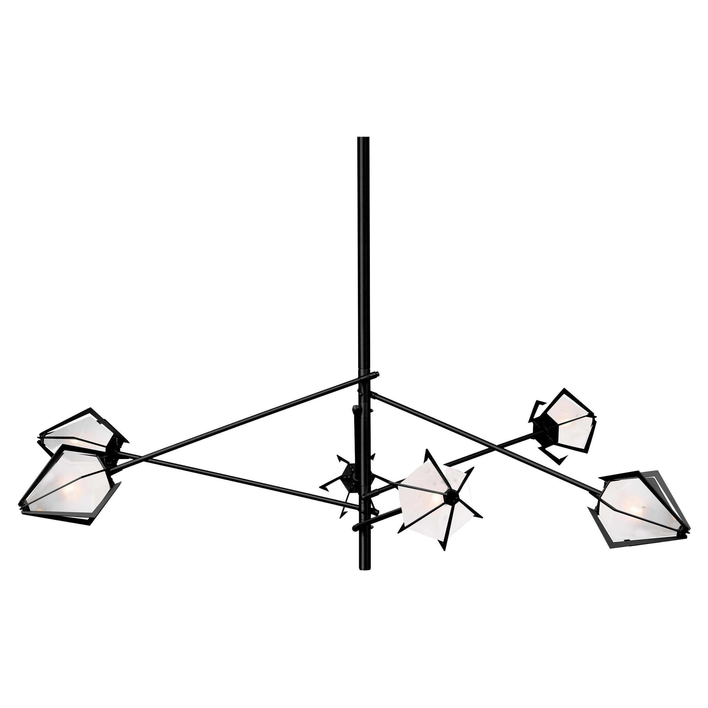 Harlow Spoke Chandelier Large in Blackened Steel and Alabaster White Glass For Sale