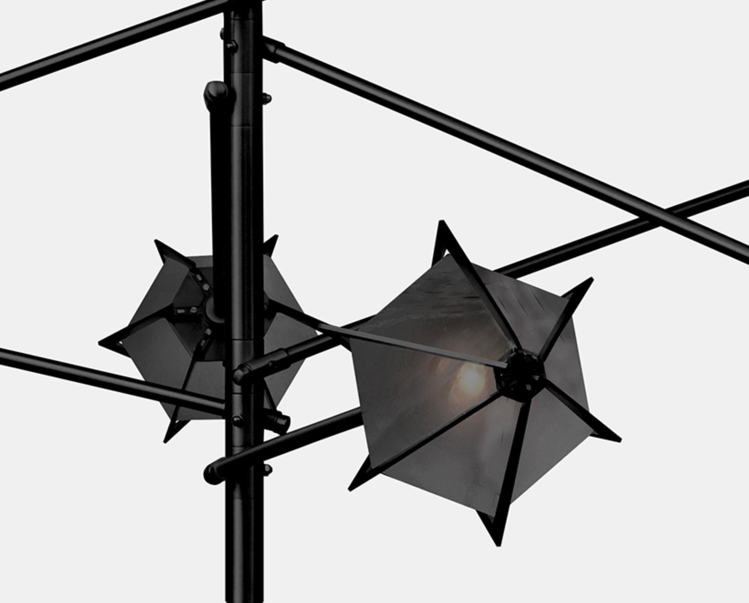 Harlow Spoke Chandelier Large in Blackened Steel and Smoked Gray Glass In New Condition For Sale In New York, NY