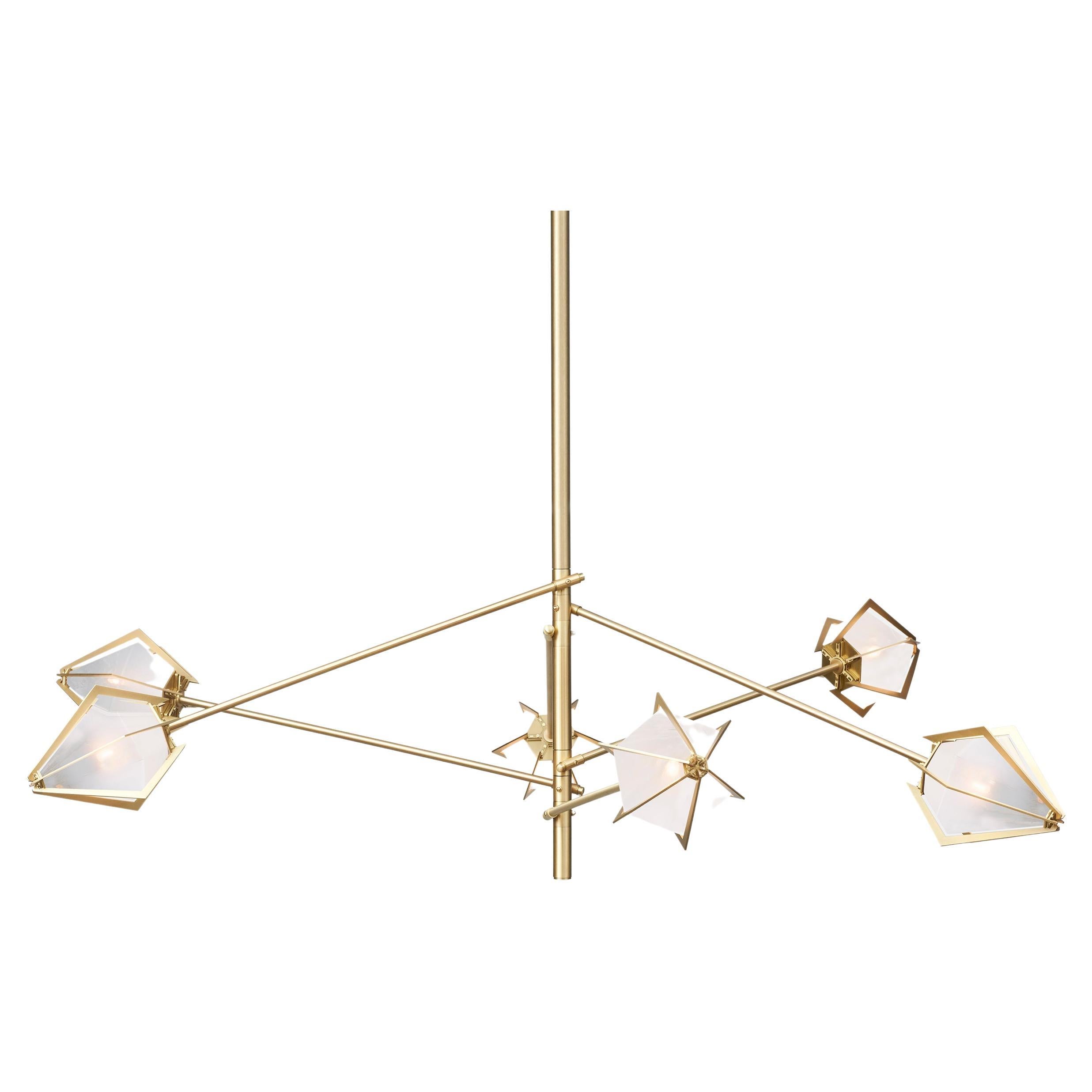 Harlow Spoke Chandelier Large in Satin Brass and Alabaster White Glass For Sale