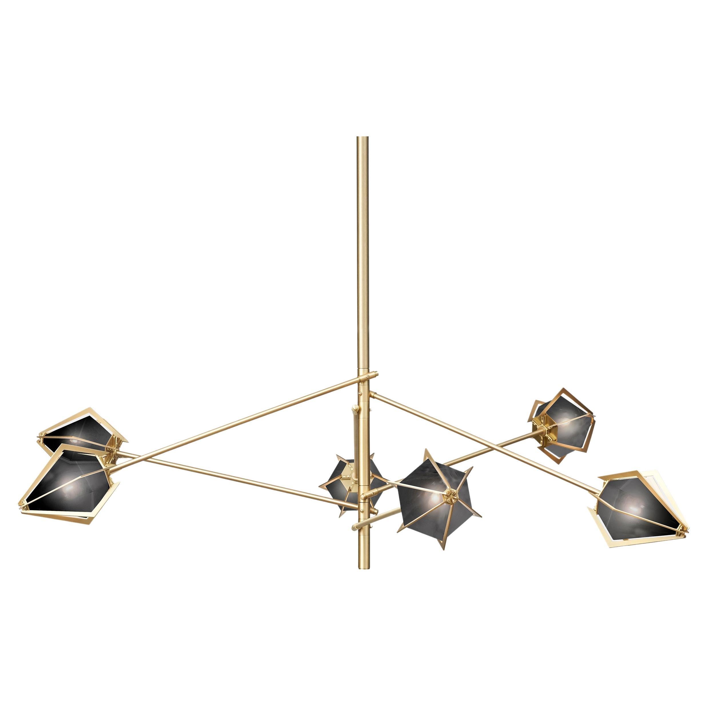 Harlow Spoke Chandelier Large in Satin Brass and Smoked Gray Glass For Sale