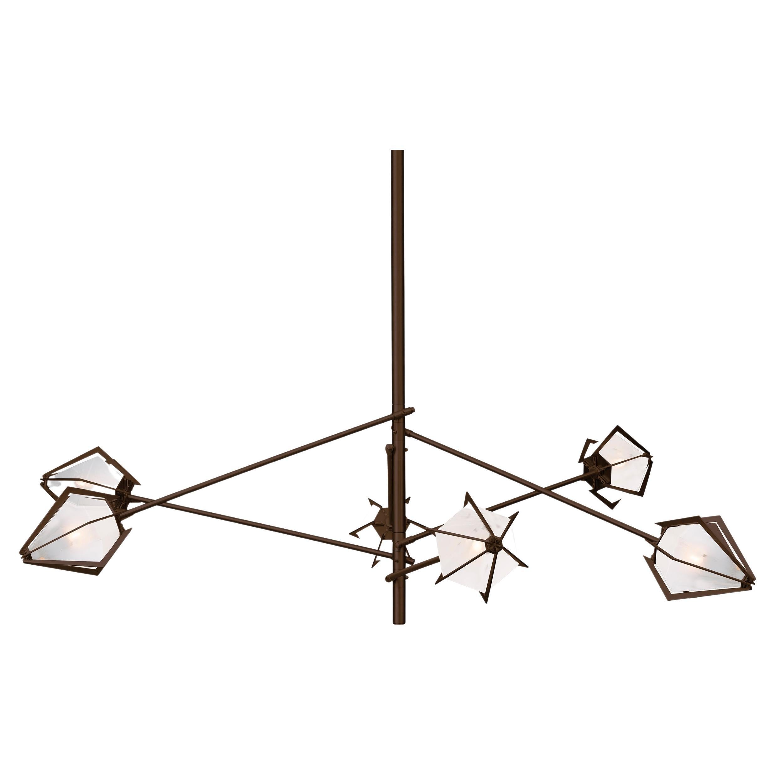 Harlow Spoke Chandelier Large in Satin Bronze and Alabaster White Glass For Sale