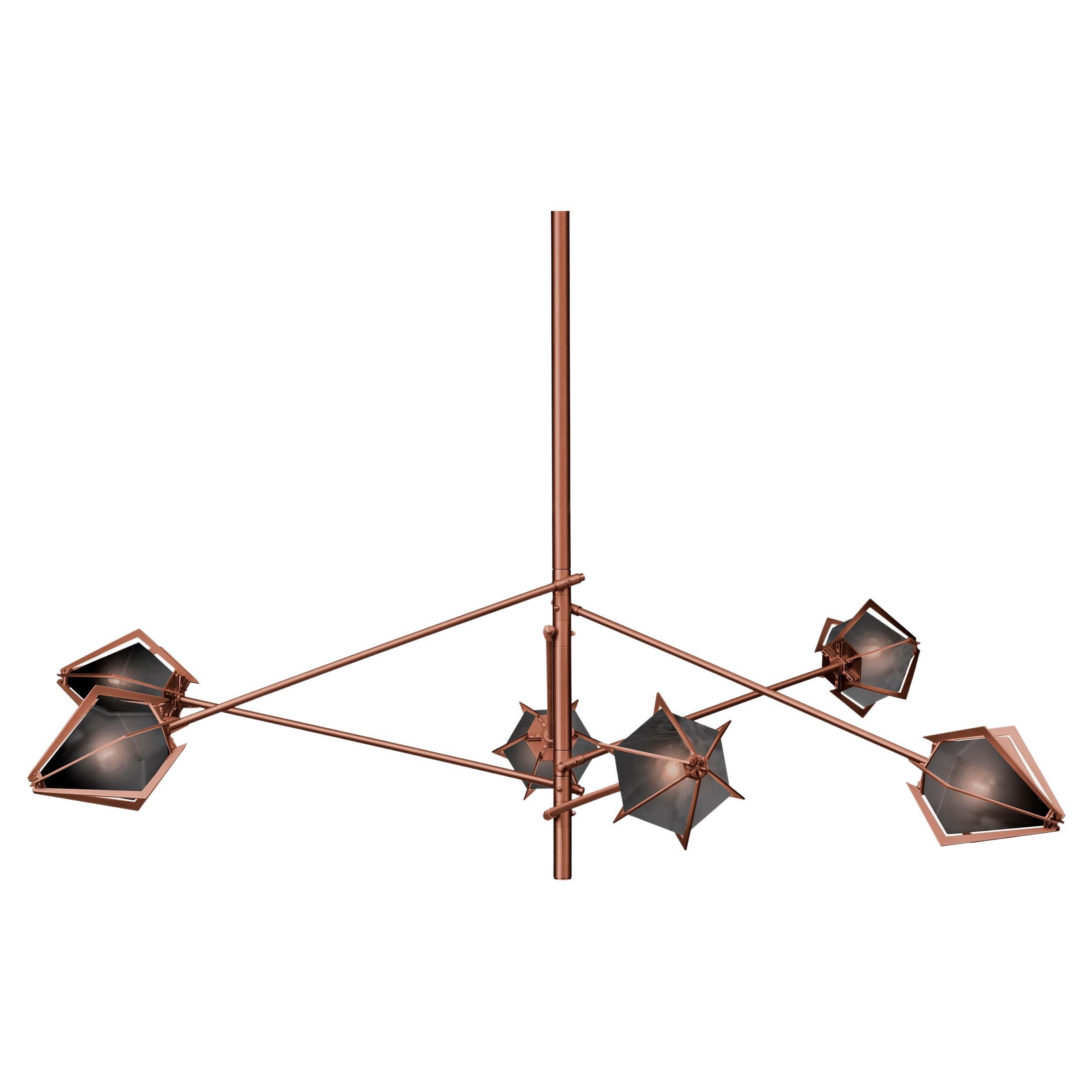 Harlow Spoke Chandelier Large in Satin Copper and Smoked Gray Glass For Sale