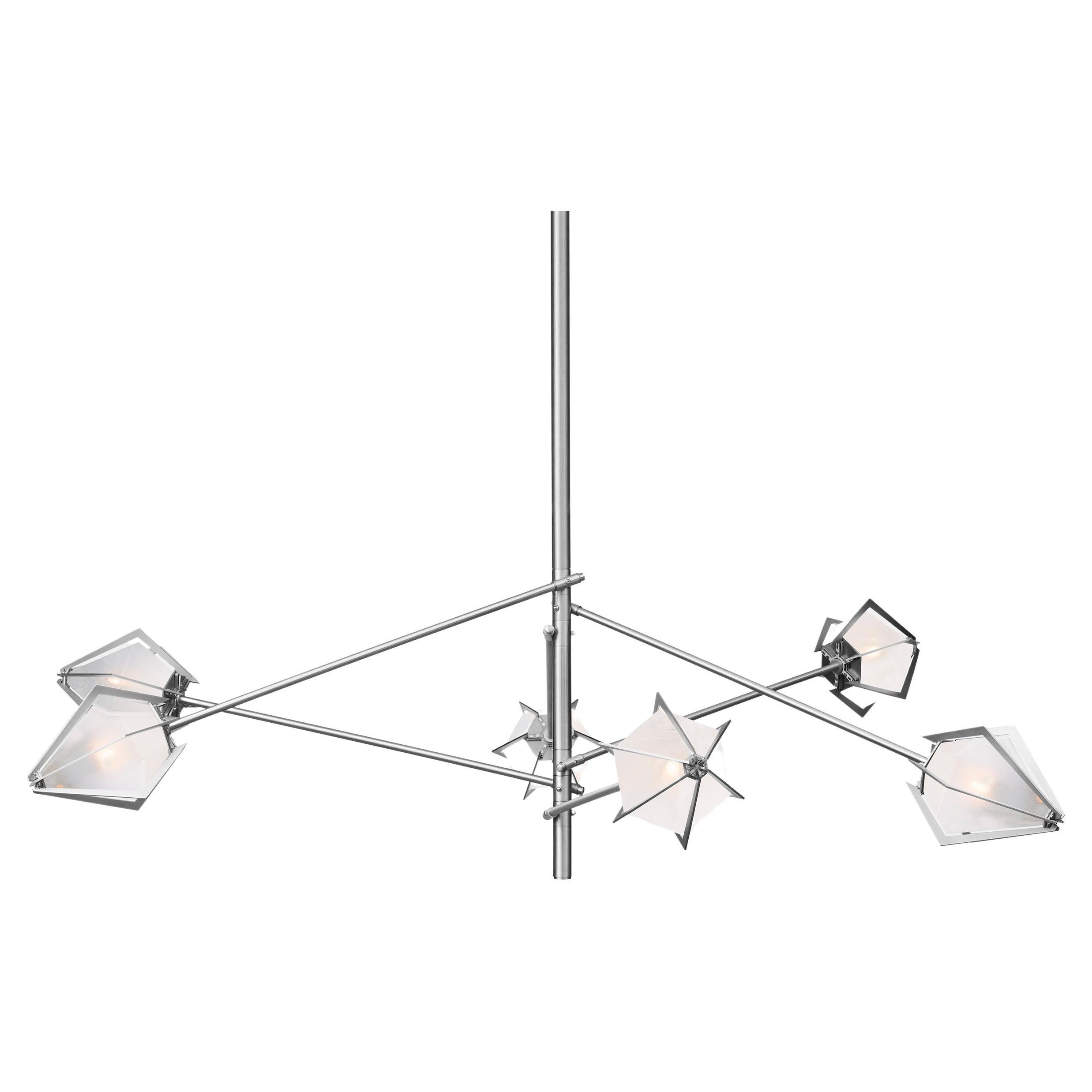 Harlow Spoke Chandelier Large in Satin Nickel and Alabaster White Glass For Sale