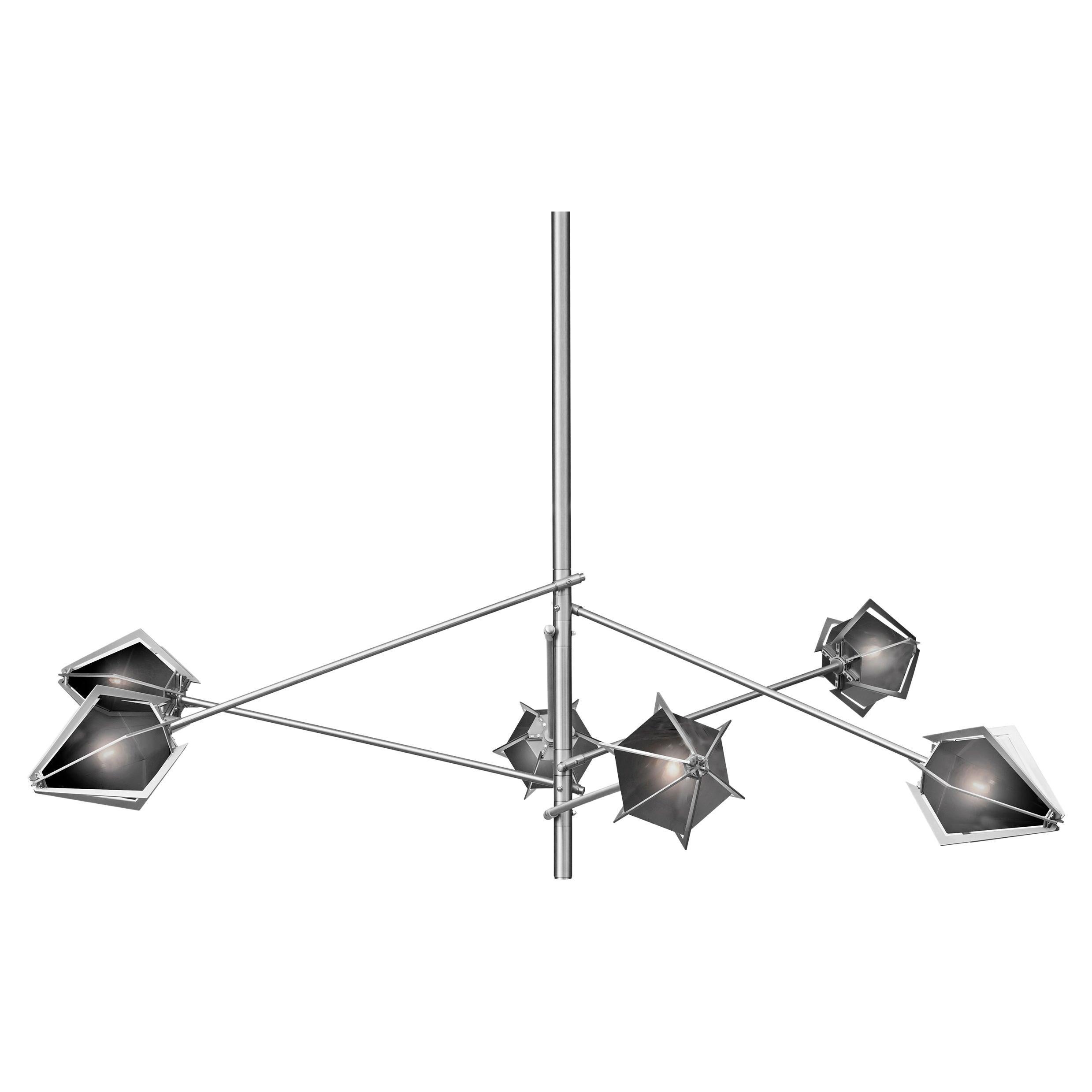 Harlow Spoke Chandelier Large in Satin Nickel and Smoked Gray Glass For Sale