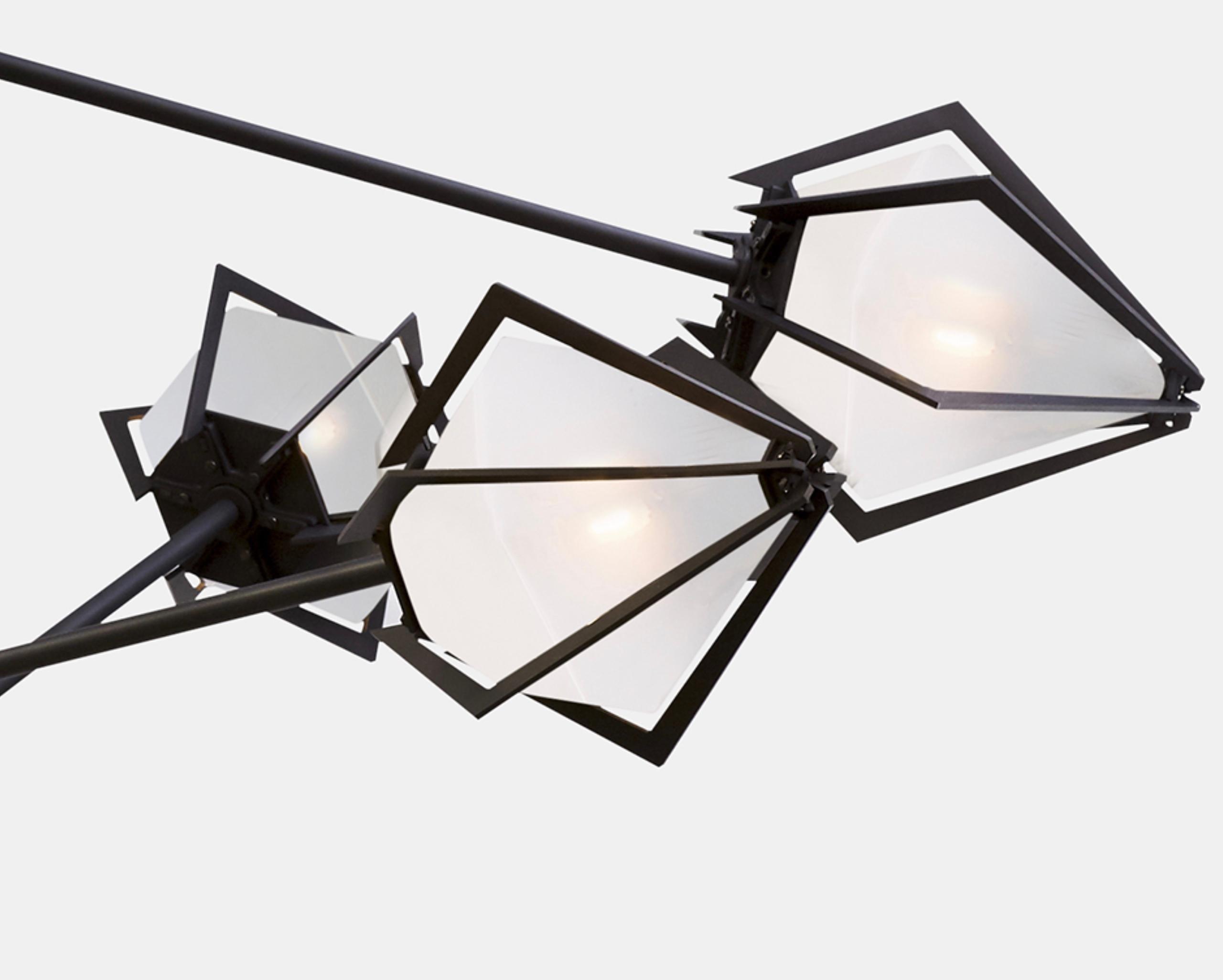 Harlow Spoke Chandelier Small in Blackened Steel and Alabaster White Glass In New Condition For Sale In New York, NY