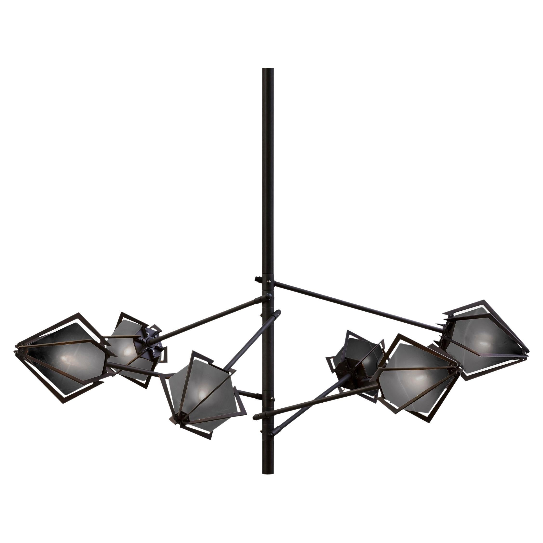 Harlow Spoke Chandelier Small in Blackened Steel and Smoked Gray Glass For Sale