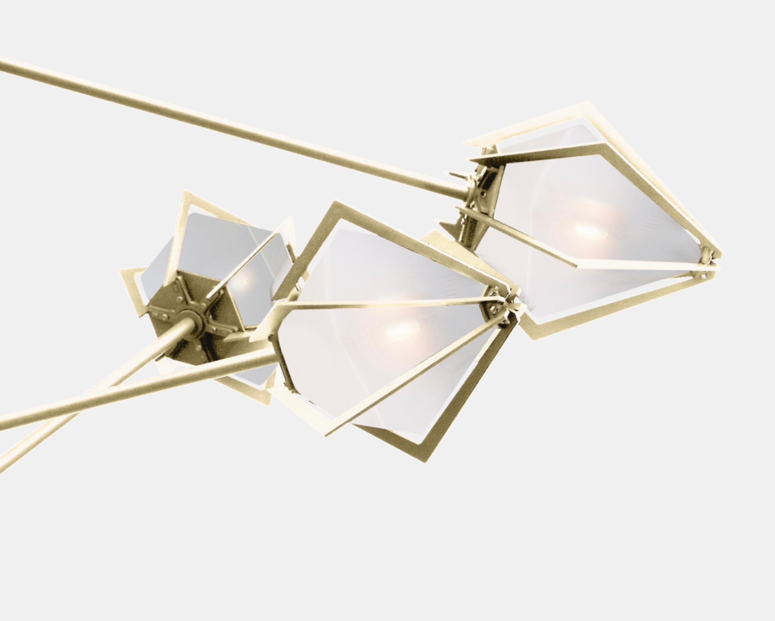 The Harlow Spoke Chandelier Small offers an elegant starburst of light that reflects and refracts through its mold-blown glass shade. A sparkling prism, the Harlow Spoke Chandelier Small is directly inspired by the world of jewelry with its metallic