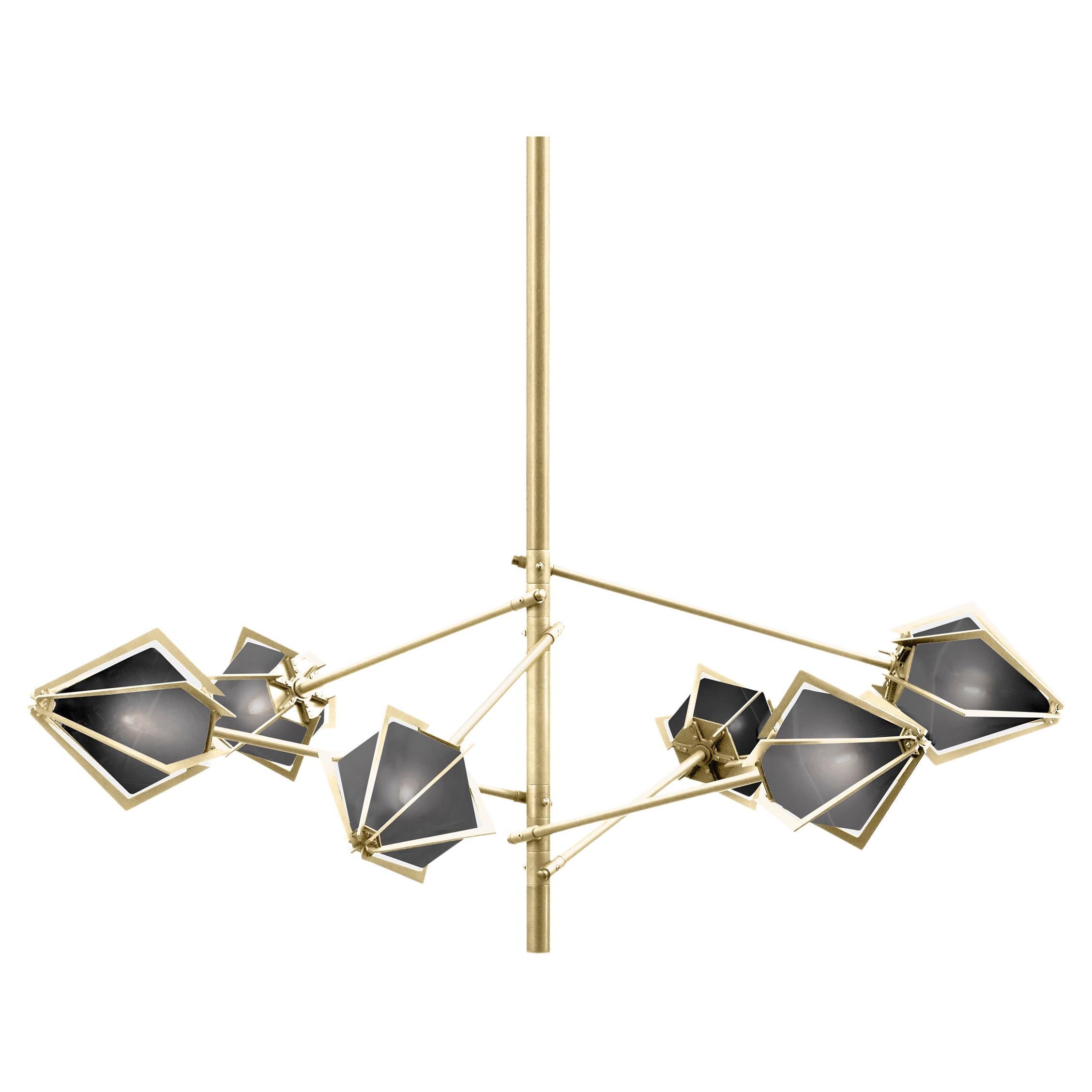 Harlow Spoke Chandelier Small in Satin Brass and Smoked Gray Glass For Sale