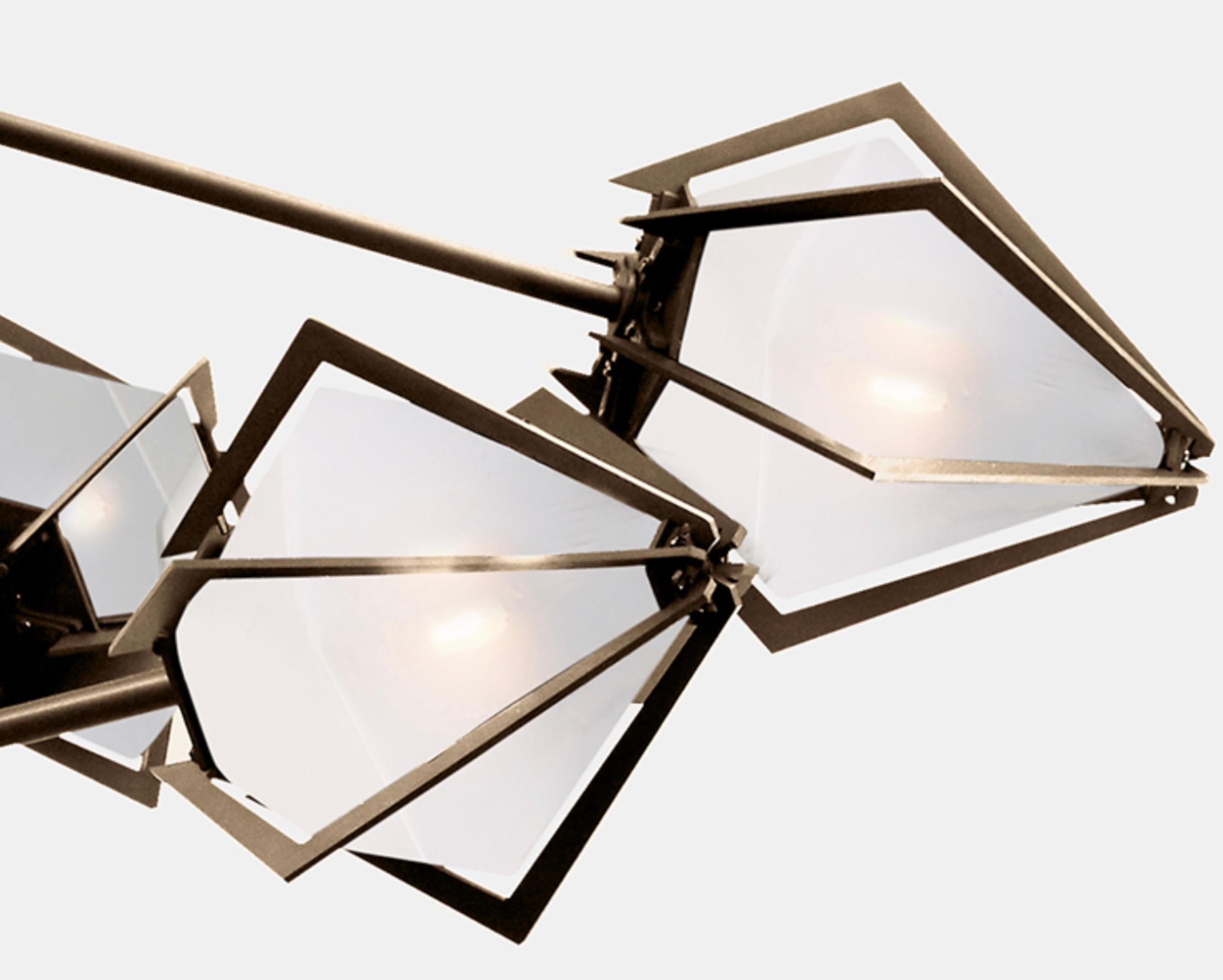 Canadian Harlow Spoke Chandelier Small in Satin Bronze and Alabaster White Glass For Sale