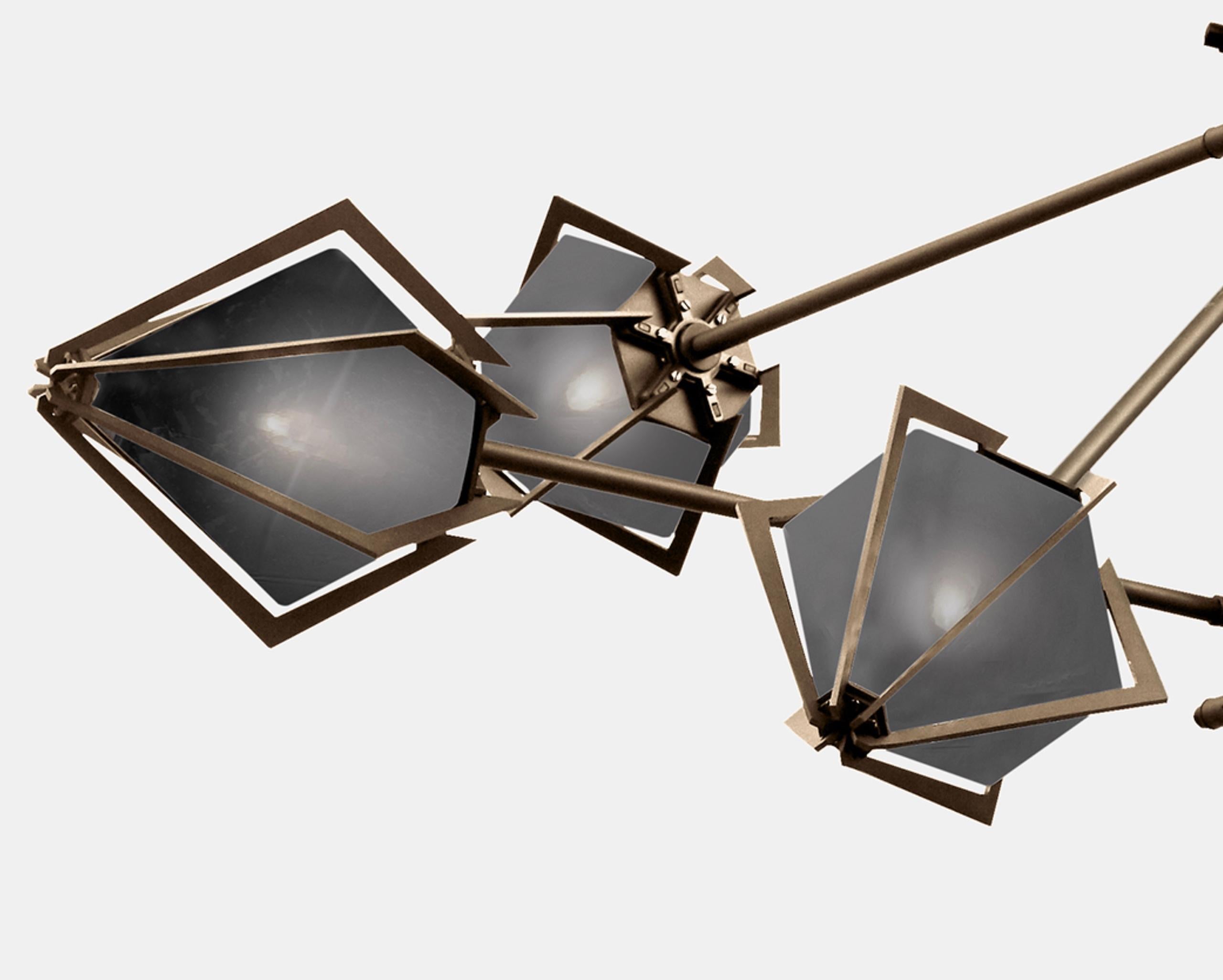 Harlow Spoke Chandelier Small in Satin Bronze and Smoked Gray Glass In New Condition For Sale In New York, NY