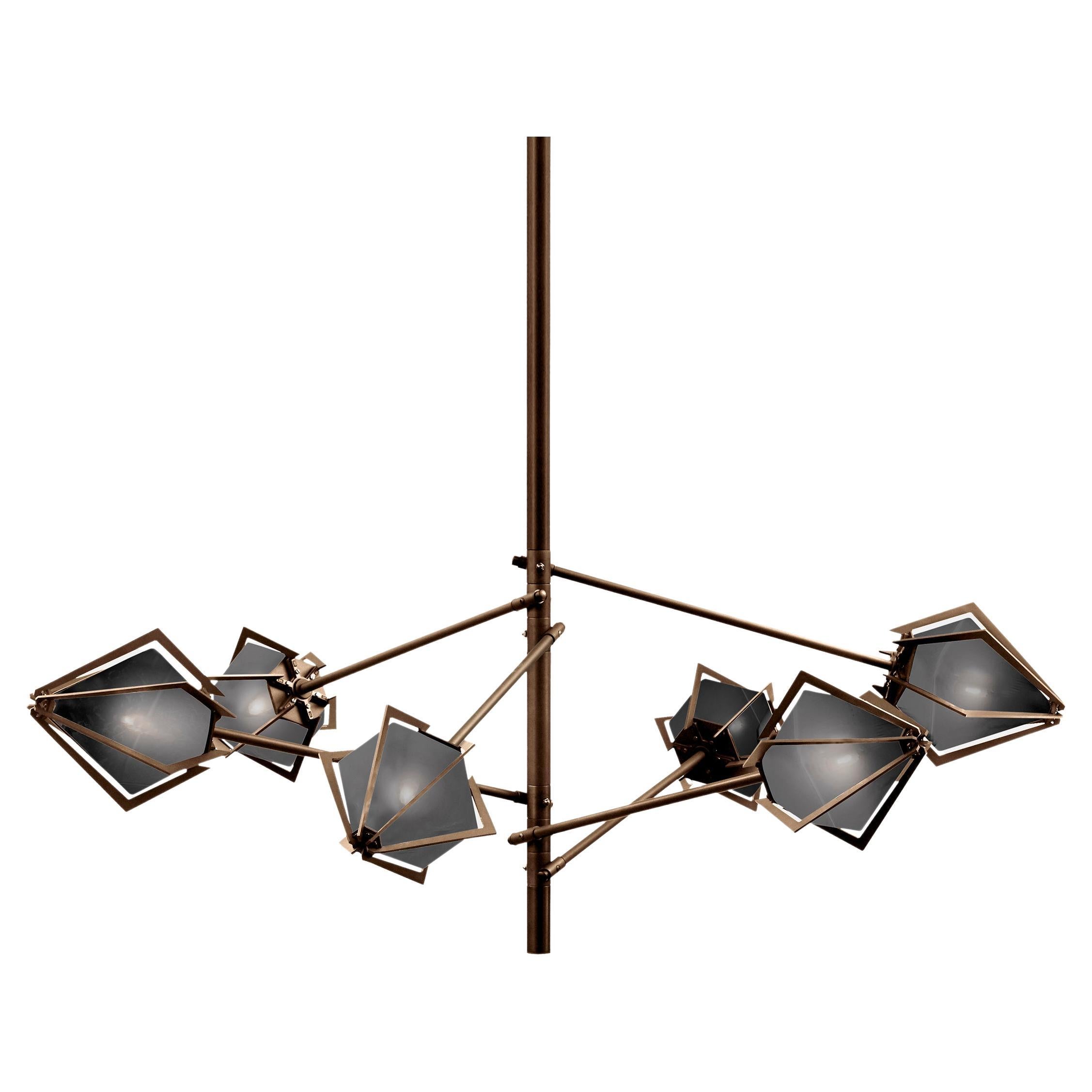 Harlow Spoke Chandelier Small in Satin Bronze and Smoked Gray Glass For Sale