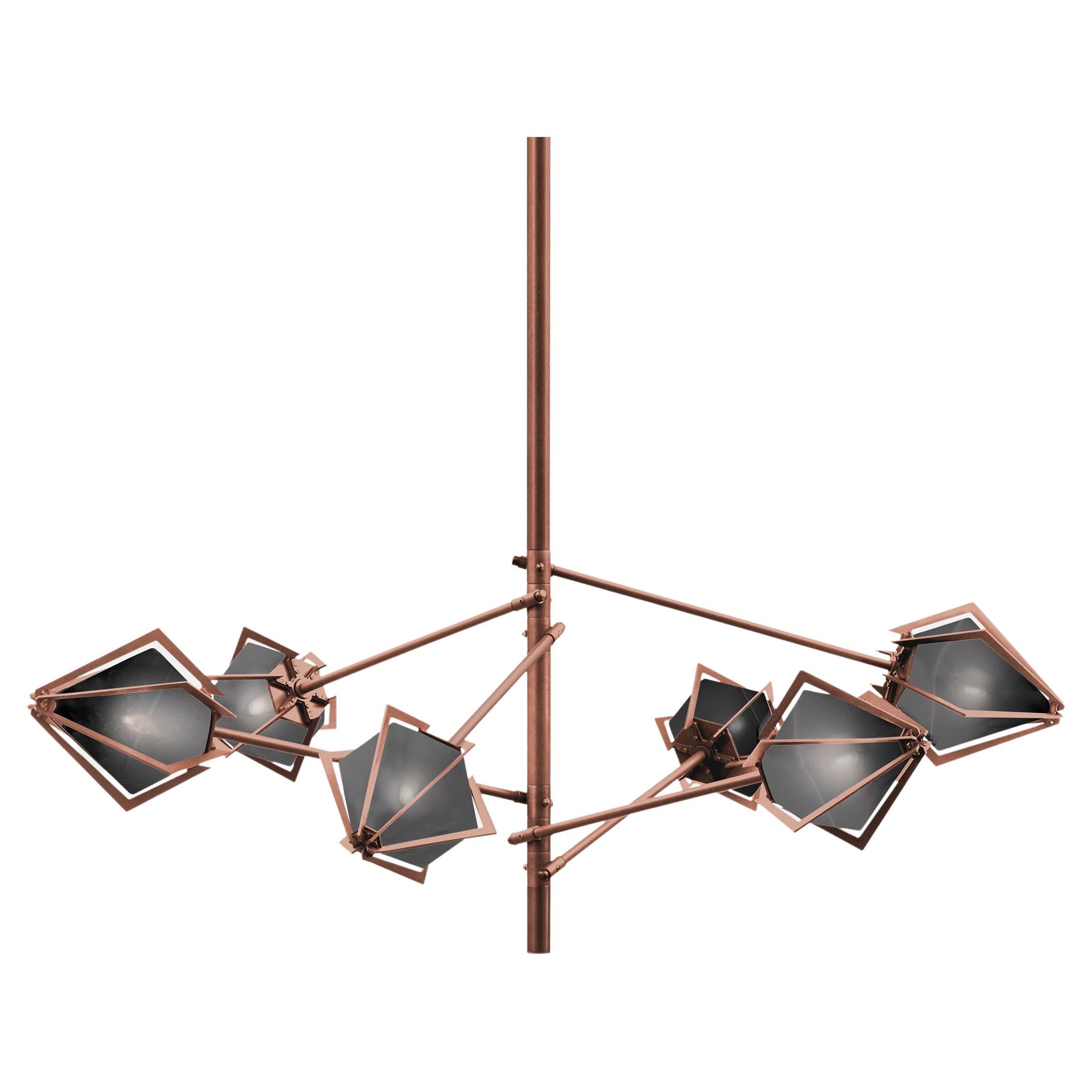 Harlow Spoke Chandelier Small in Satin Copper and Smoked Gray Glass For Sale