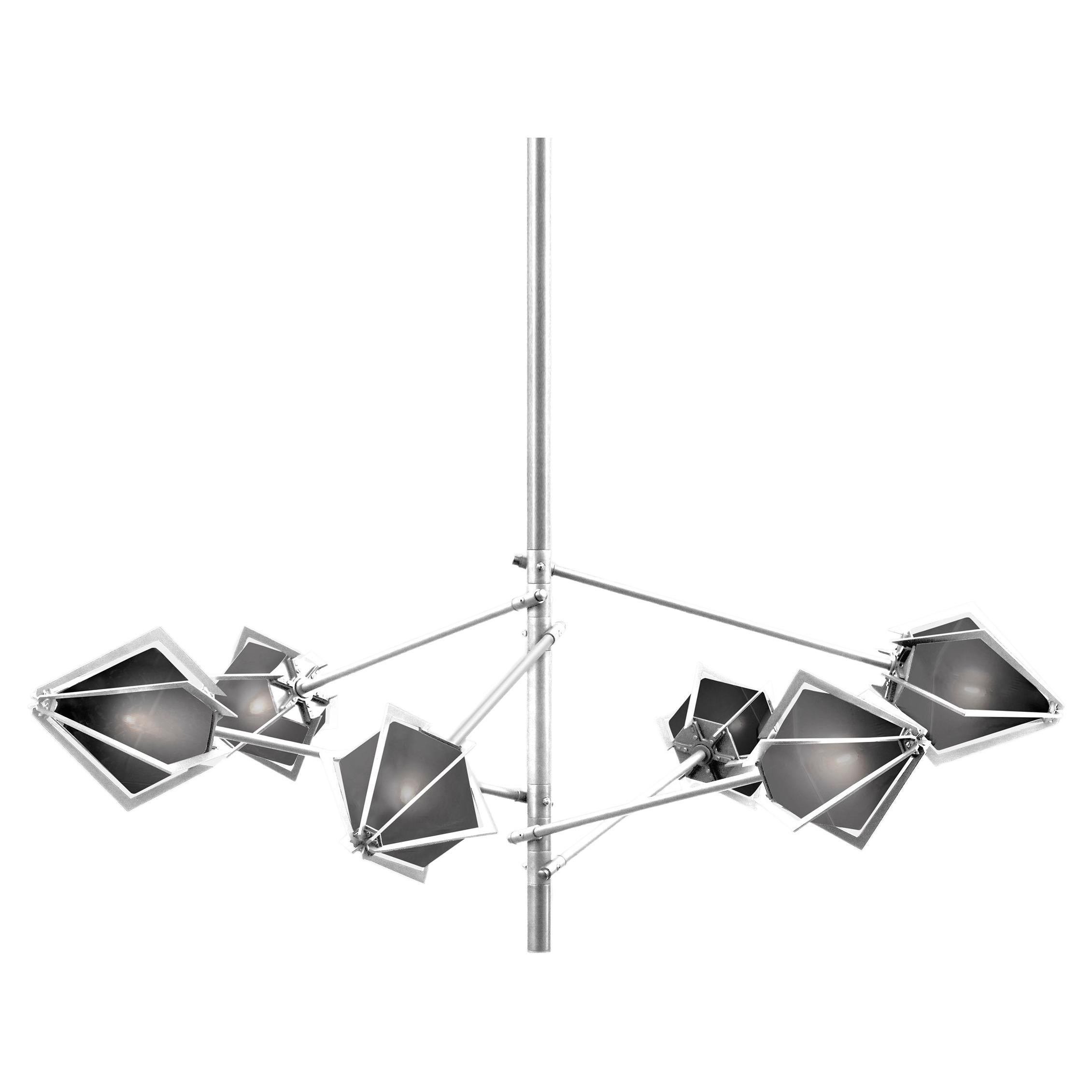 Harlow Spoke Chandelier Small in Satin Nickel and Smoked Gray Glass For Sale