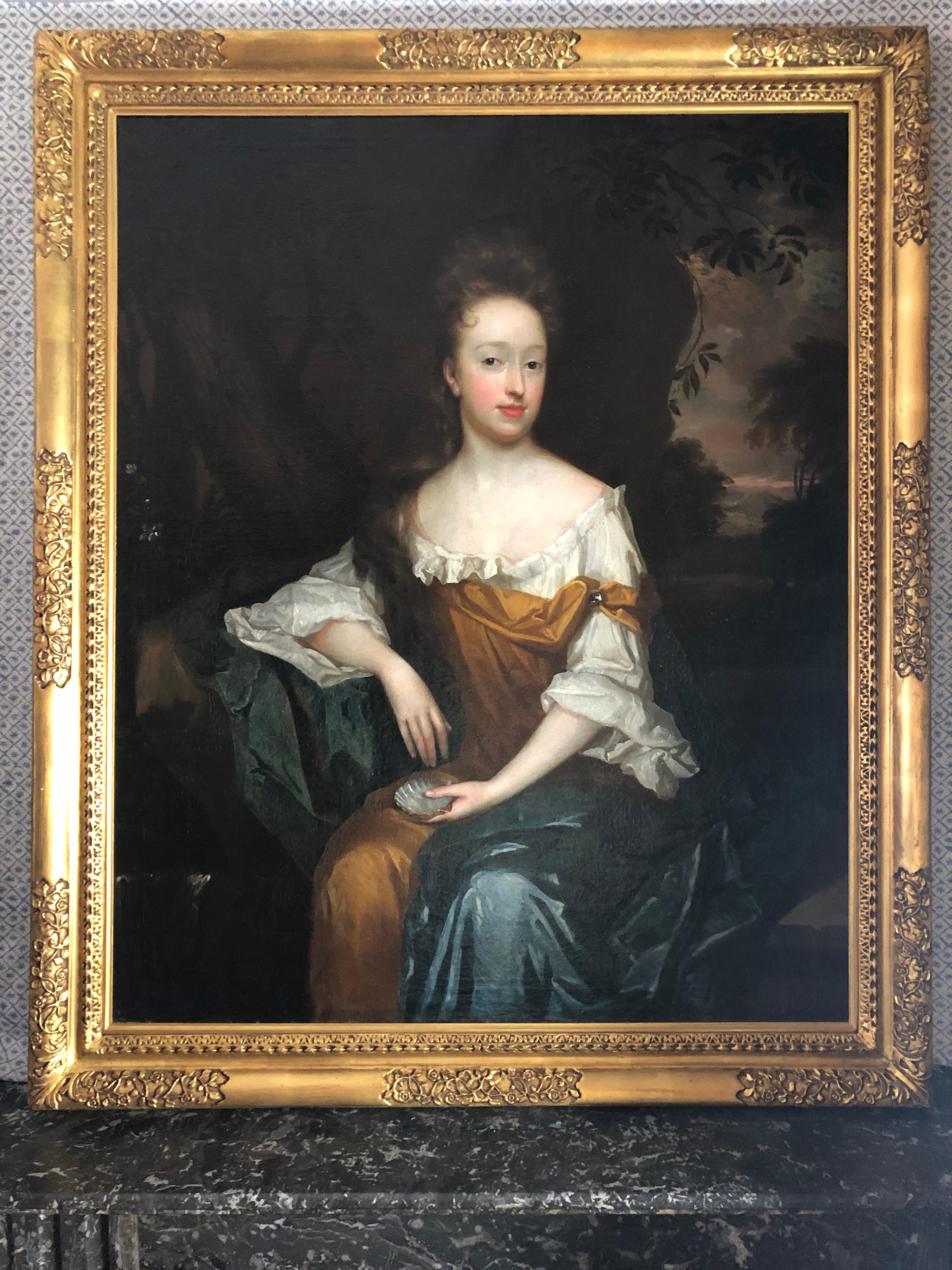 17th Century Portrait of a Lady in a Yellow Dress by Harmen Verelst. - Painting by Harman Verelst