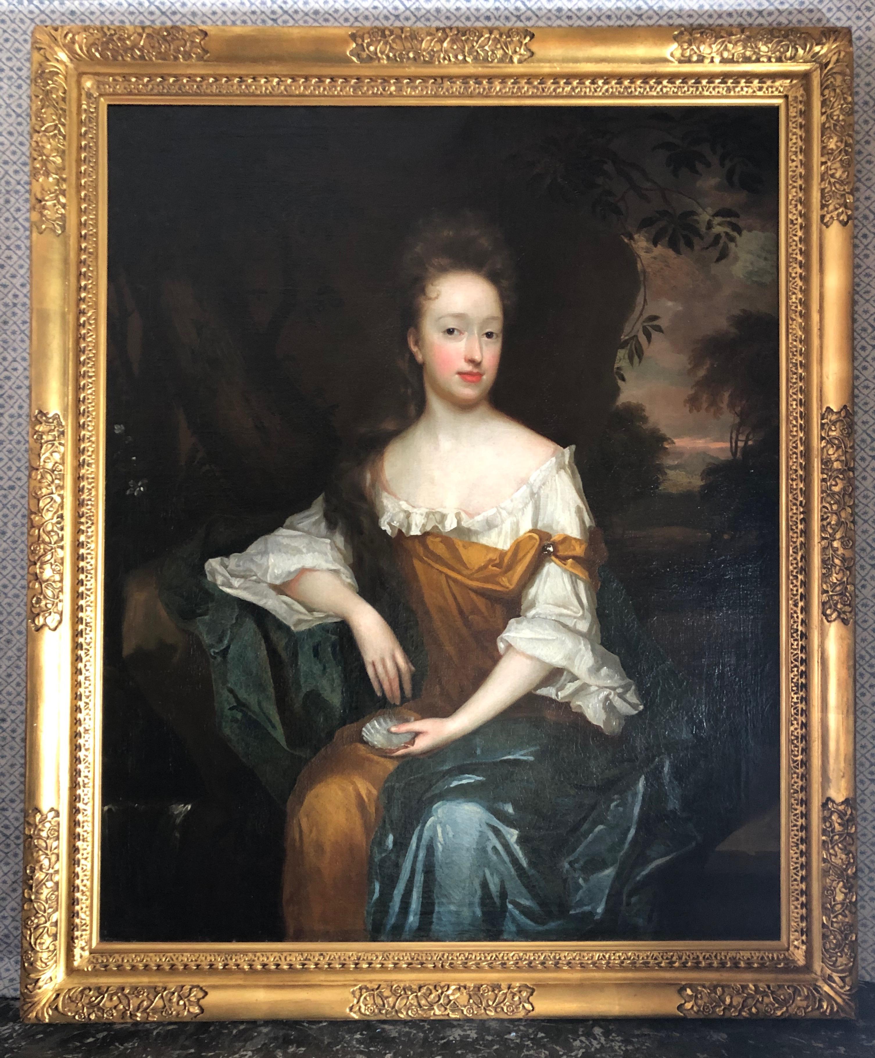 Portrait of a Lady circa 1670 by Harmen Verelst.

Fine and rare large scale 17th century three quarter portrait of a lady.  Our pale skinned and flame haired beauty is seated centrally upon a bank eyes to centre. She wears a loose robe and cloak and