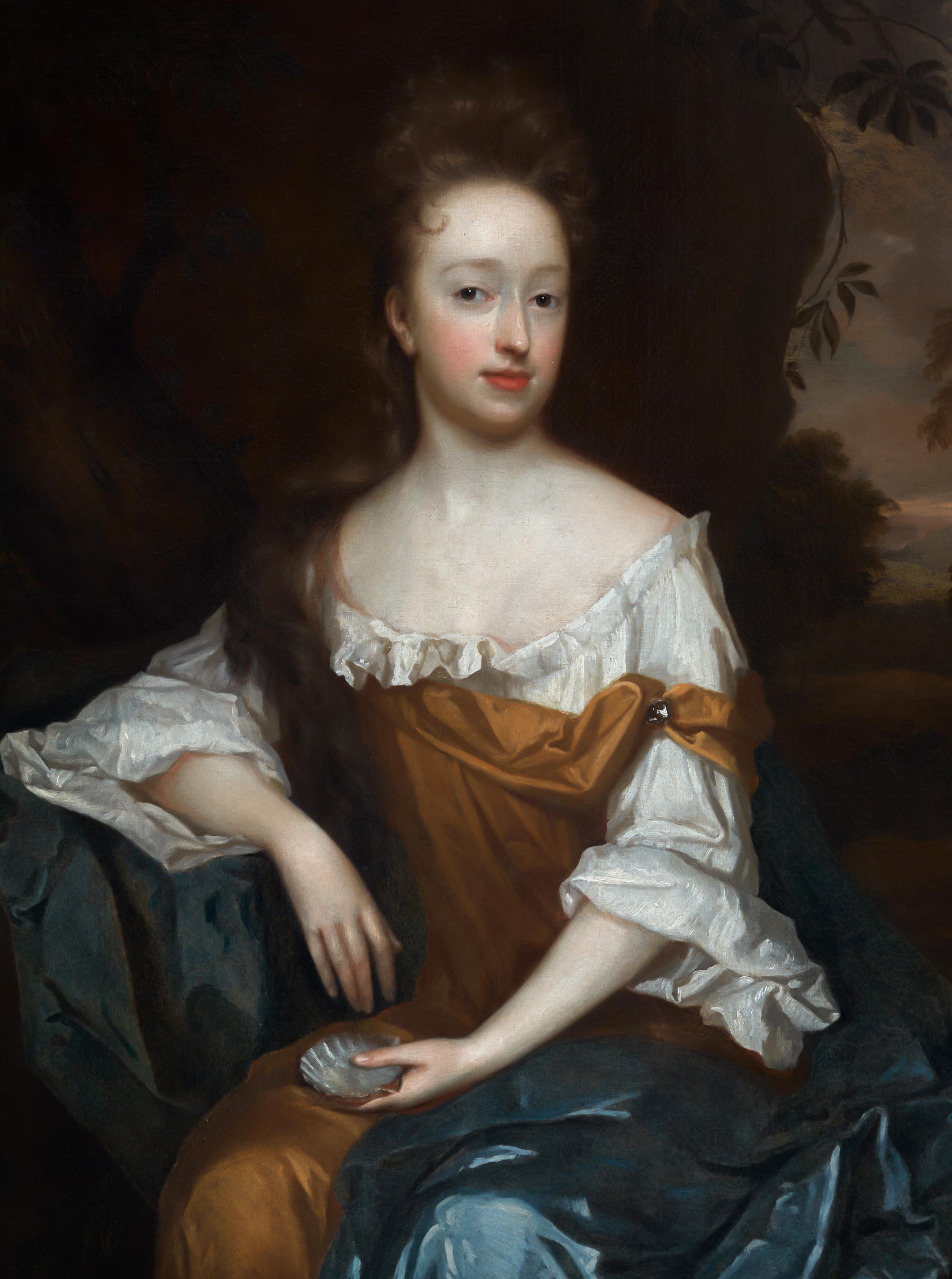 Porträt einer Dame von einem Waldstroh, der eine Muschel hält, um 1690; Öl auf Leinwand im Angebot 1