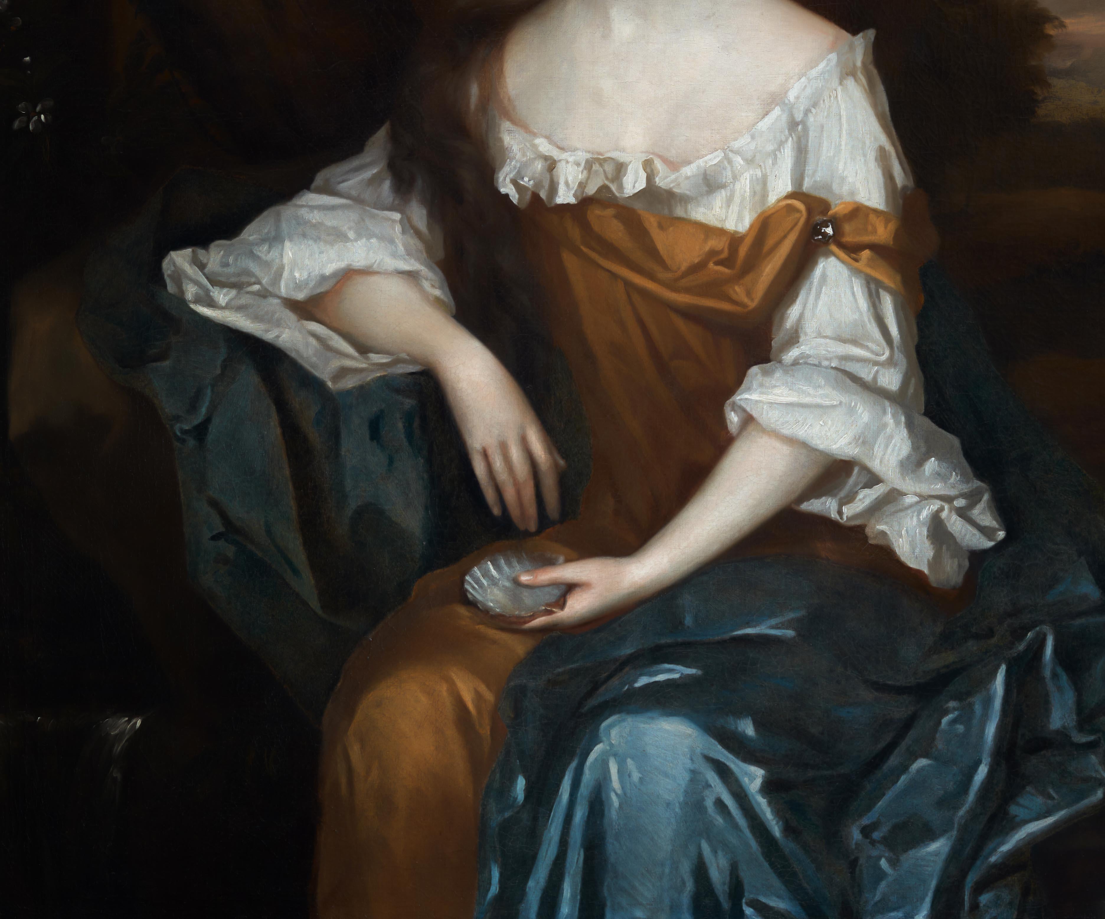Porträt einer Dame von einem Waldstroh, der eine Muschel hält, um 1690; Öl auf Leinwand im Angebot 3
