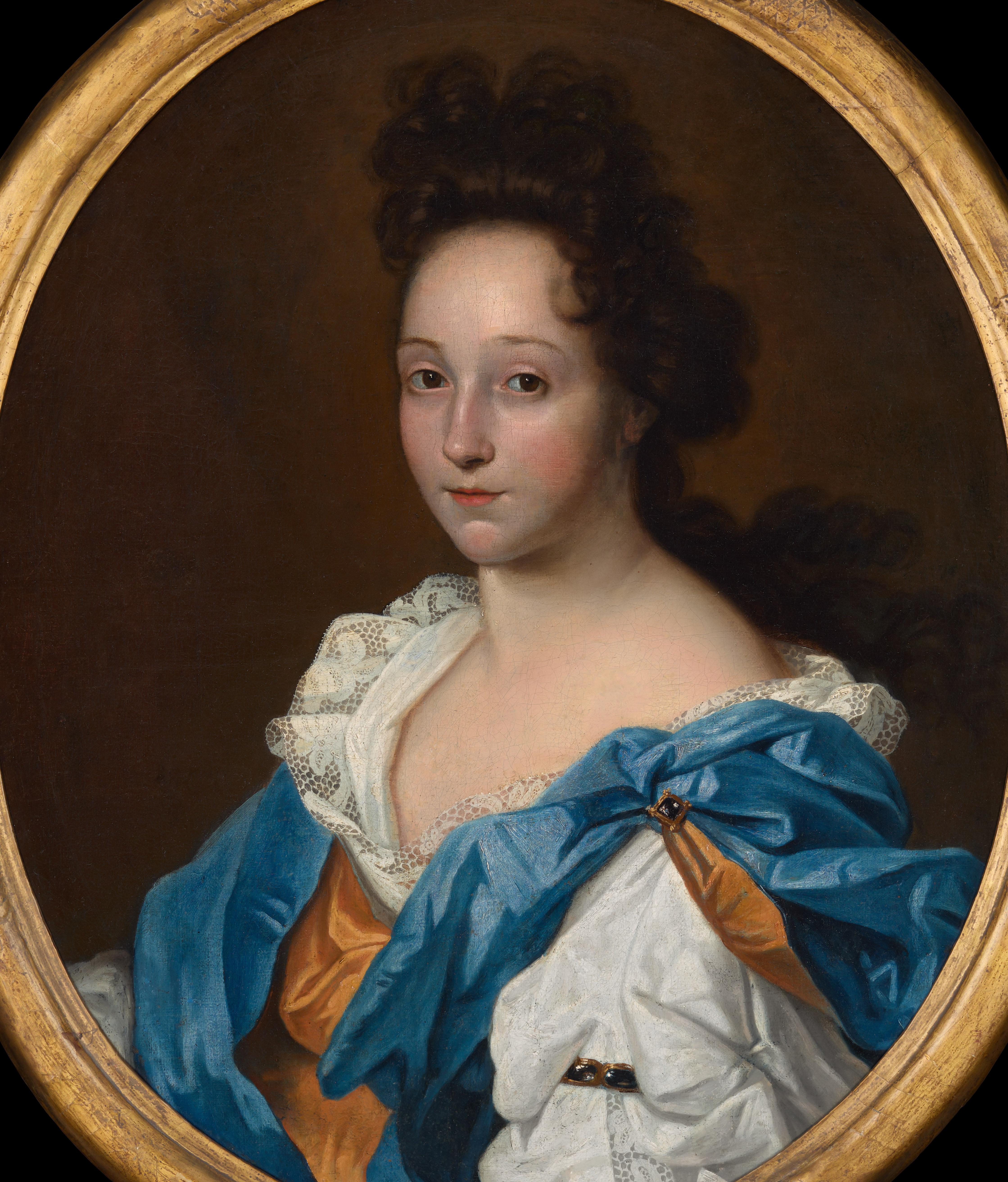This lavish portrait, painted circa 1695, is an exquisite example of the type of portrait in vogue during the last quarter of the seventeenth century.  It is evident that the artist was influenced by the Dutch and French schools of painting.  The