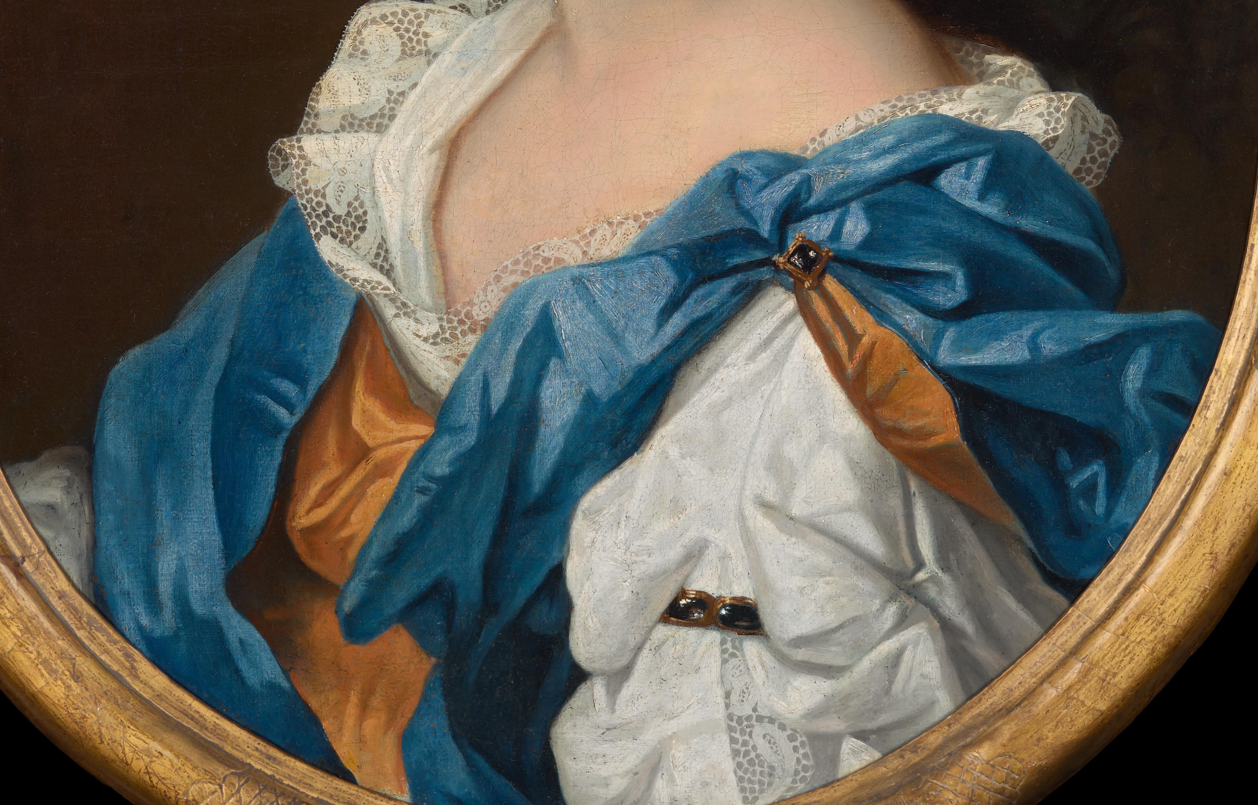 Portrait of a Lady in White Chemise, Russet & Blue Drapery c.1695, Oil Painting For Sale 4