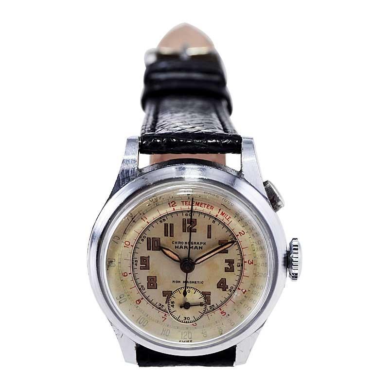  Harmon Steel Art Deco Single Button Chronograph with Original Dial from 1940's For Sale 2