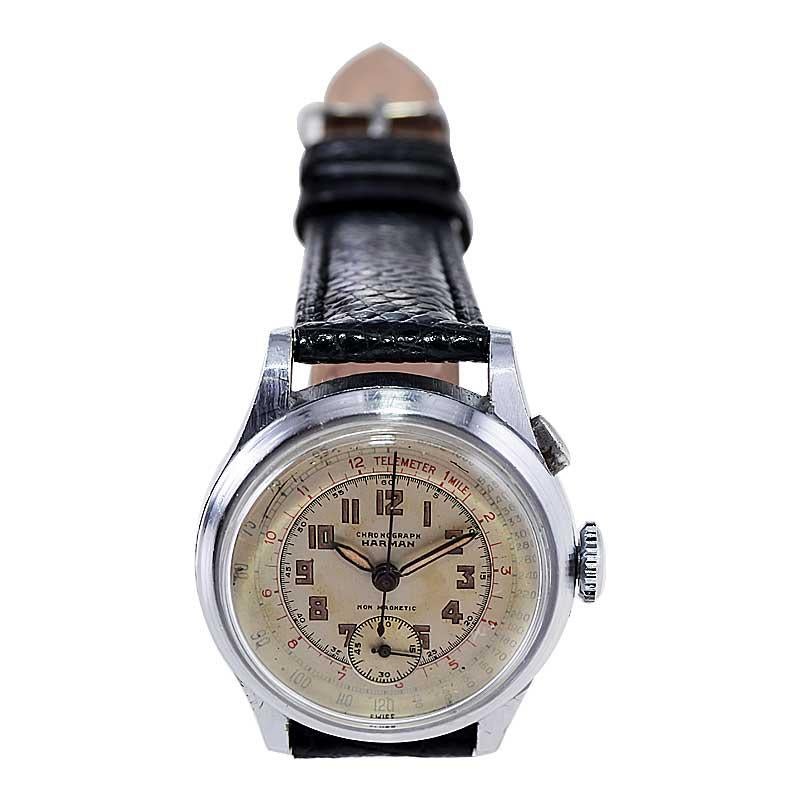  Harmon Steel Art Deco Single Button Chronograph with Original Dial from 1940's For Sale 3