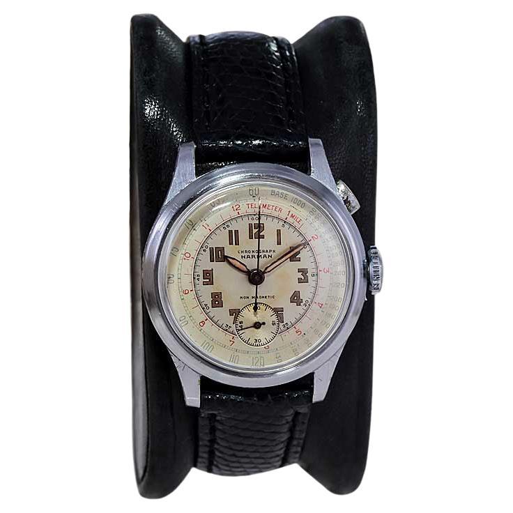  Harmon Steel Art Deco Single Button Chronograph with Original Dial from 1940's For Sale