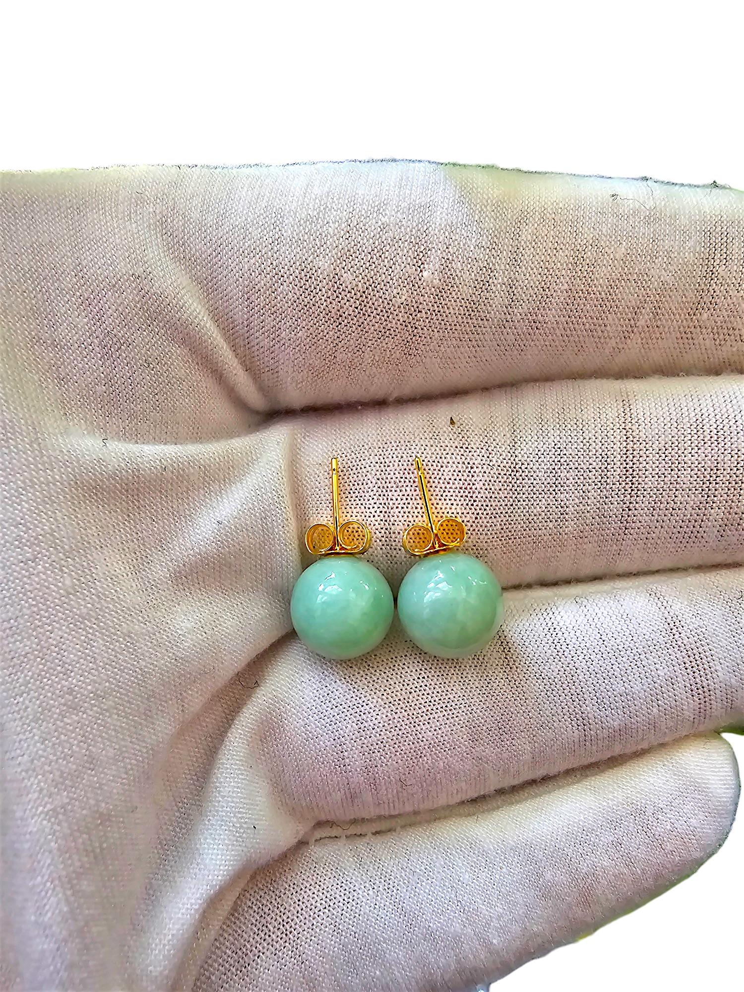 Harmony - Boucles d'oreilles perlées en A-Jade vert de Birmanie 10 mm (avec or jaune 18 carats) en vente 6