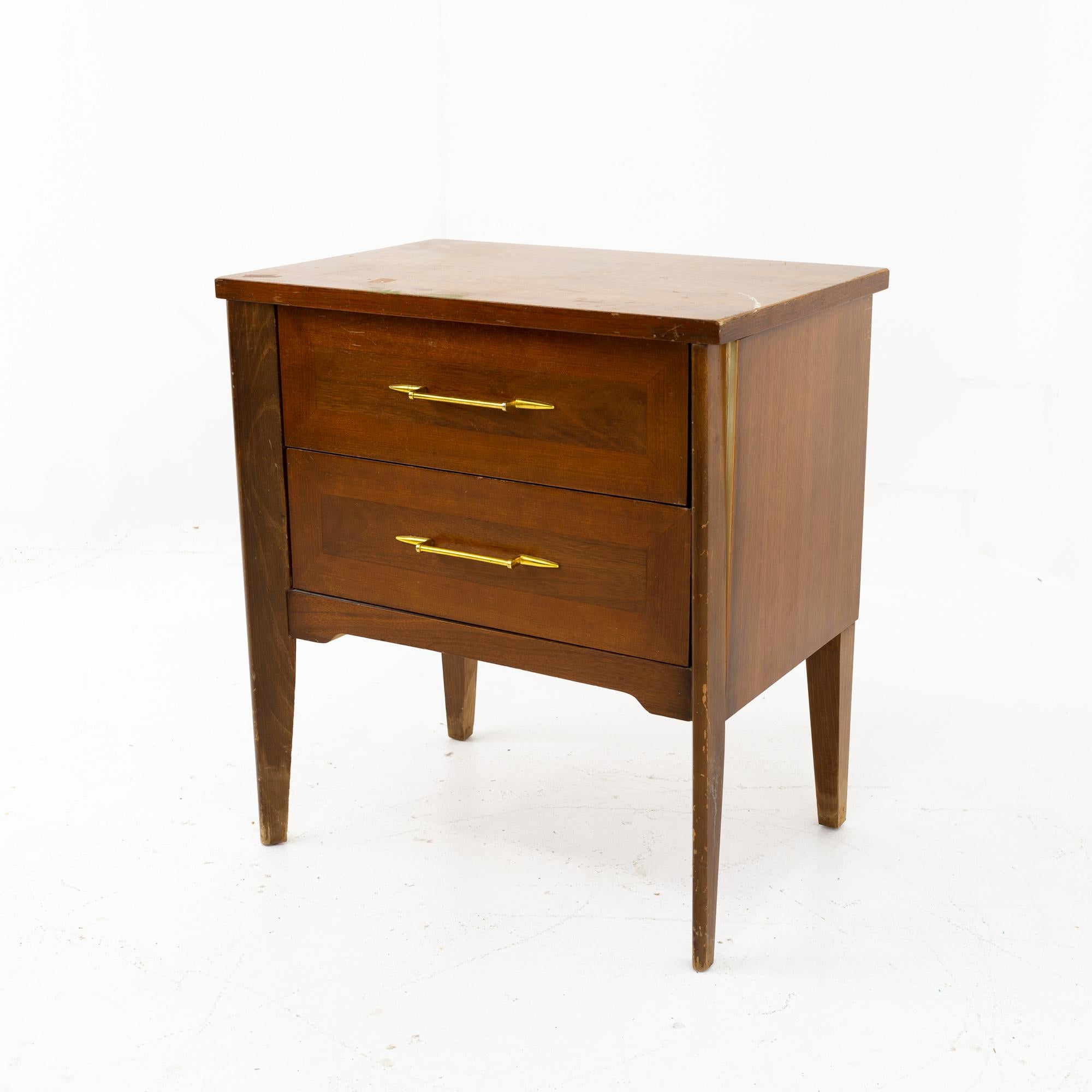 Harmony House mid century walnut and brass 2 drawer nightstand
This nightstand is 22 wide x 15 deep x 24.25 inches high

All pieces of furniture can be had in what we call restored vintage condition. That means the piece is restored upon purchase
