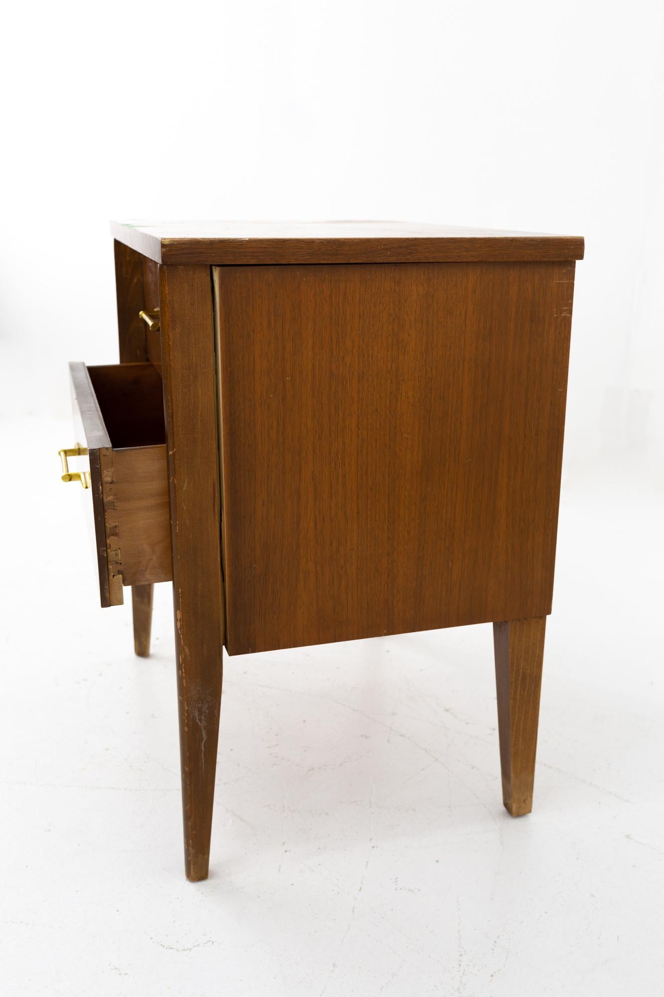 American Harmony House Mid Century Walnut and Brass 2 Drawer Nightstand For Sale