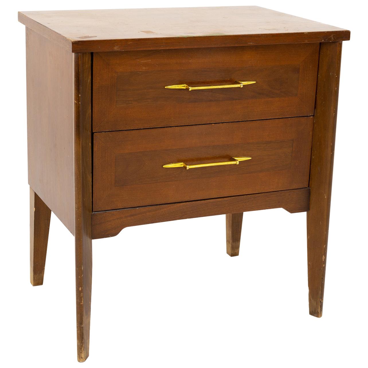 Harmony House Mid Century Walnut and Brass 2 Drawer Nightstand For Sale