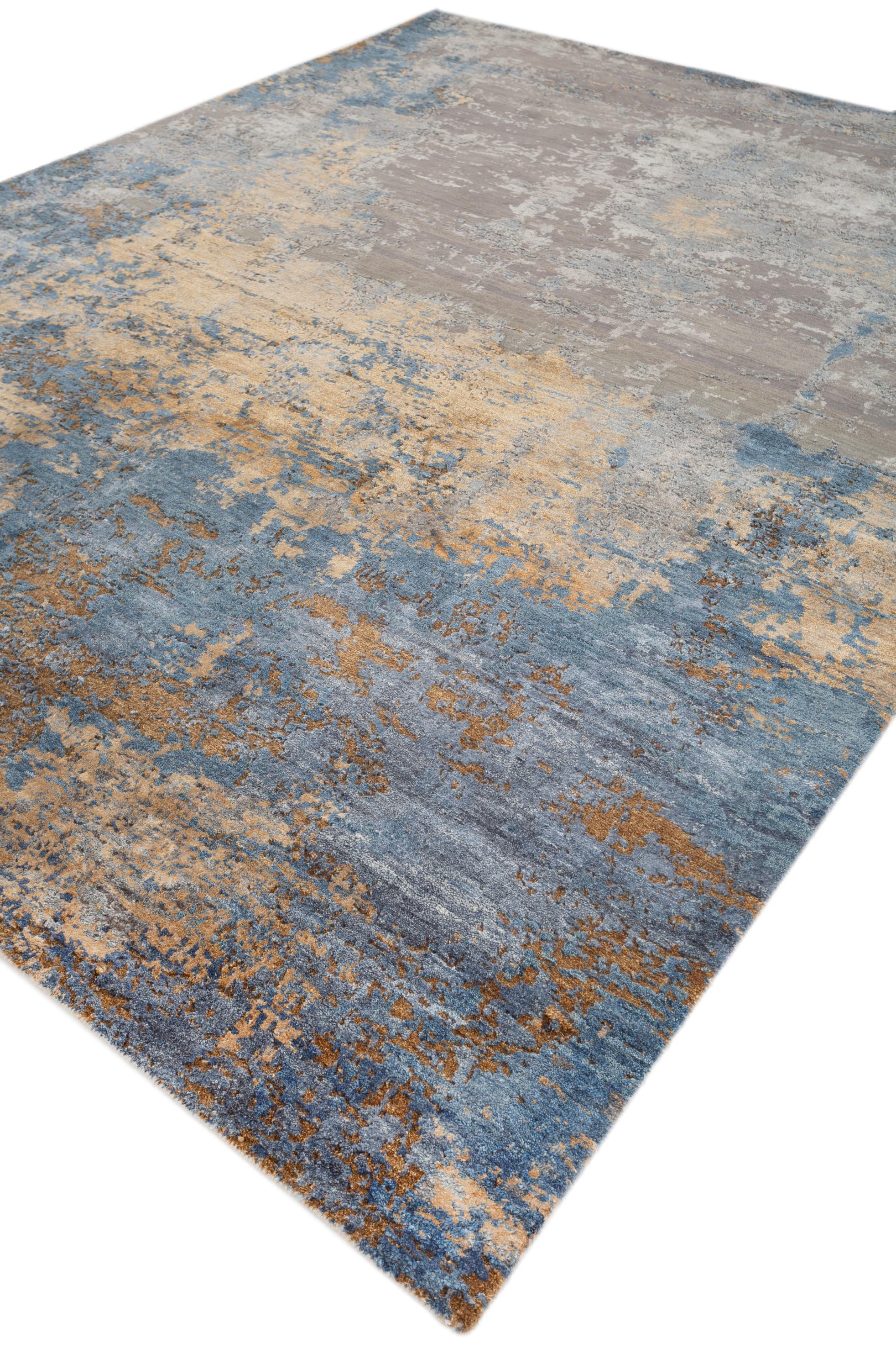 Modern Harmony in Disarray Nickel & Denim Blue 240x300 cm Handknotted Rug For Sale