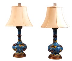 Harmony in Enamel and Silk: Pair of Cloisonne' Lamps with Silk Lampshades