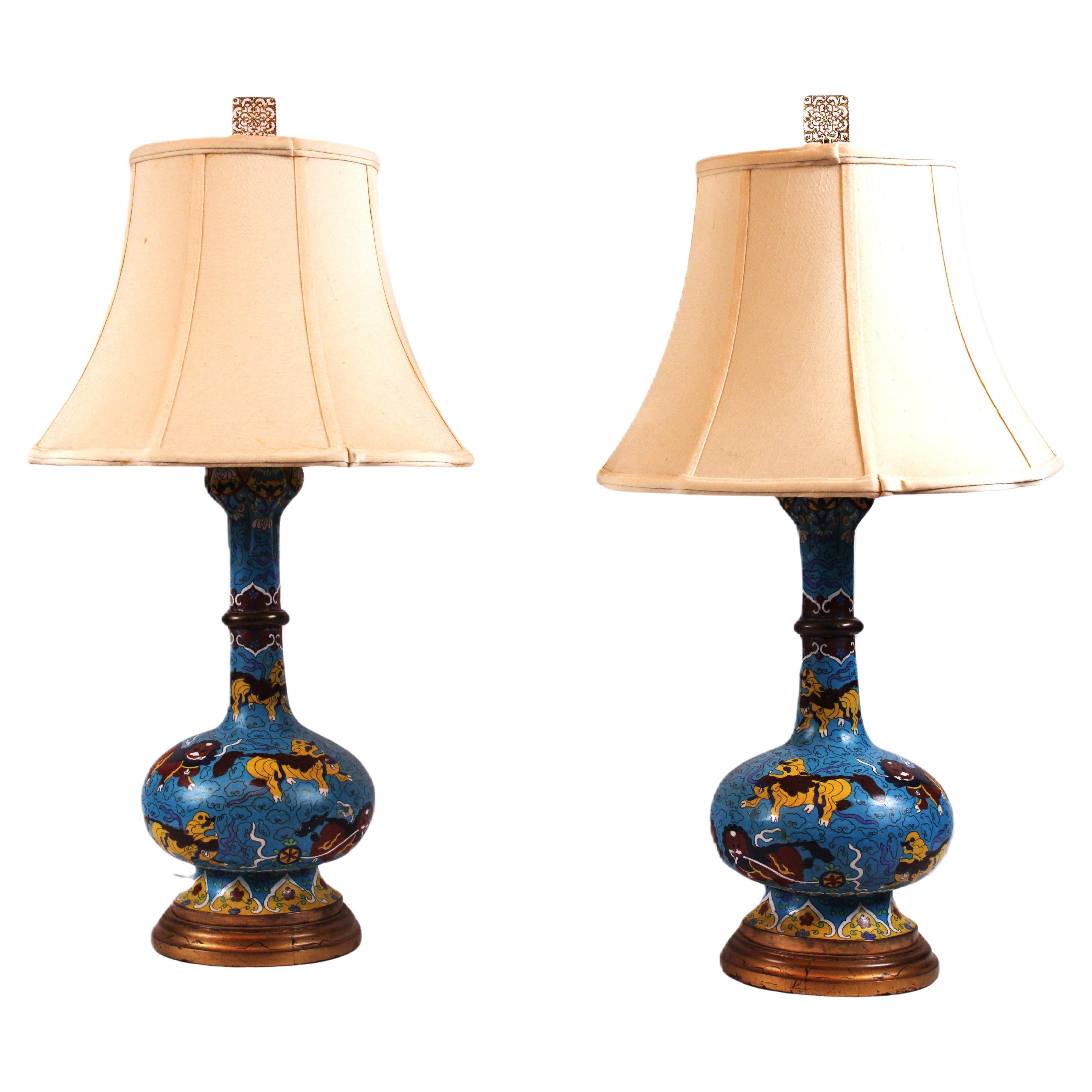 Harmony in Enamel and Silk: Pair of Cloisonne' Lamps with Silk Lampshades For Sale