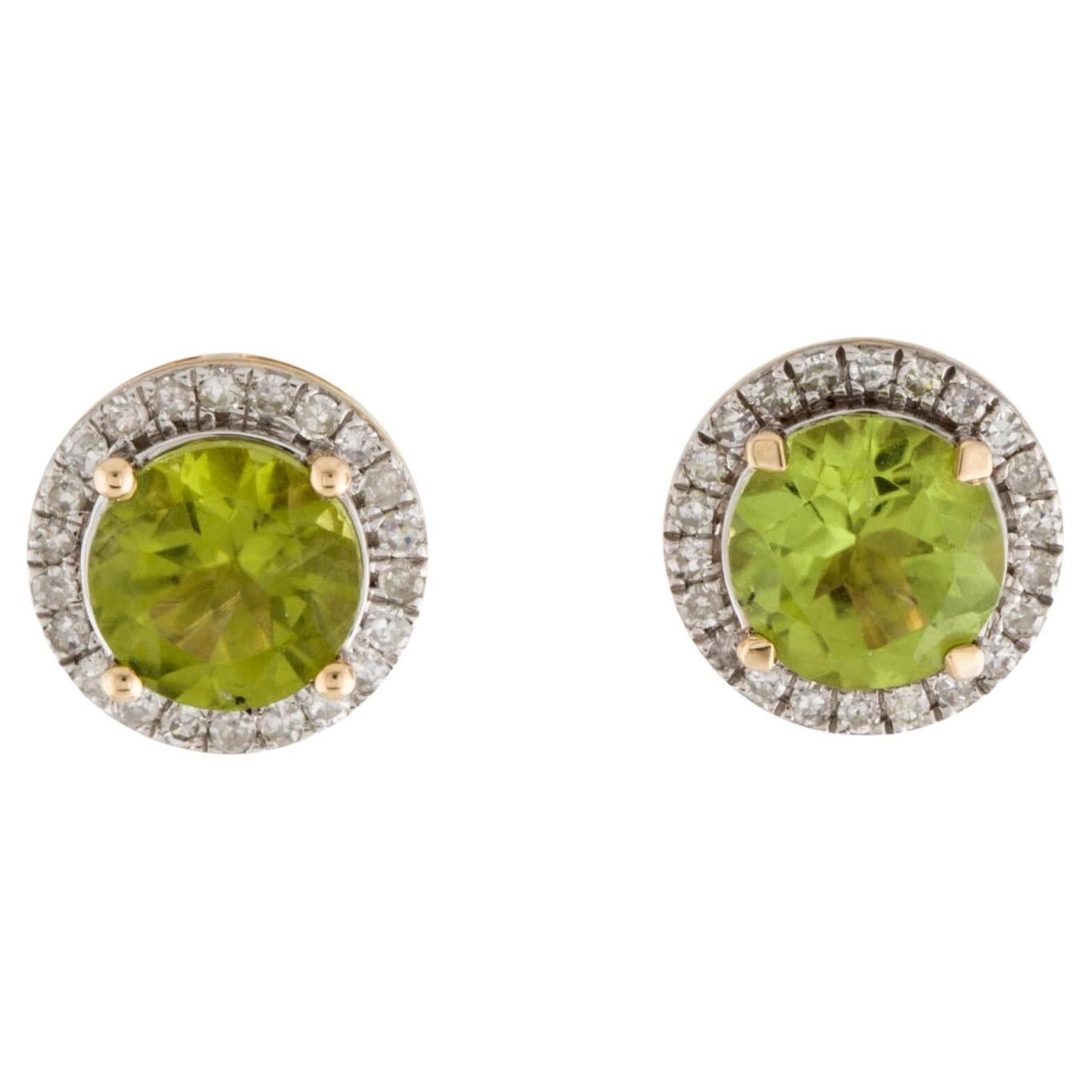 Exquisite 14K 2.70ctw Peridot & Diamond Halo Stud Earrings - Gemstone Elegance