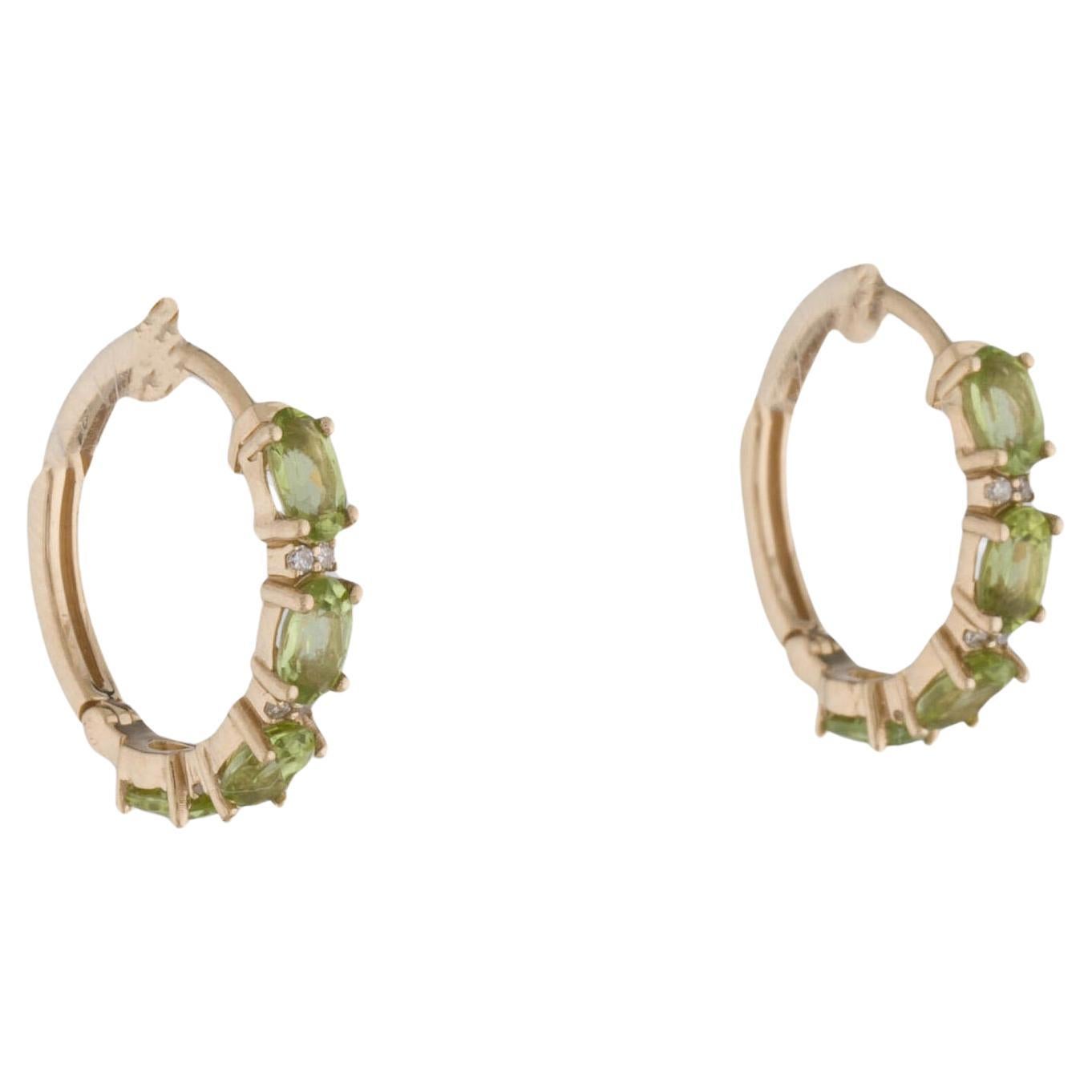 14K Peridot & Diamond Hoop Earrings - Elegant Gemstone Jewelry, Timeless Sparkle For Sale