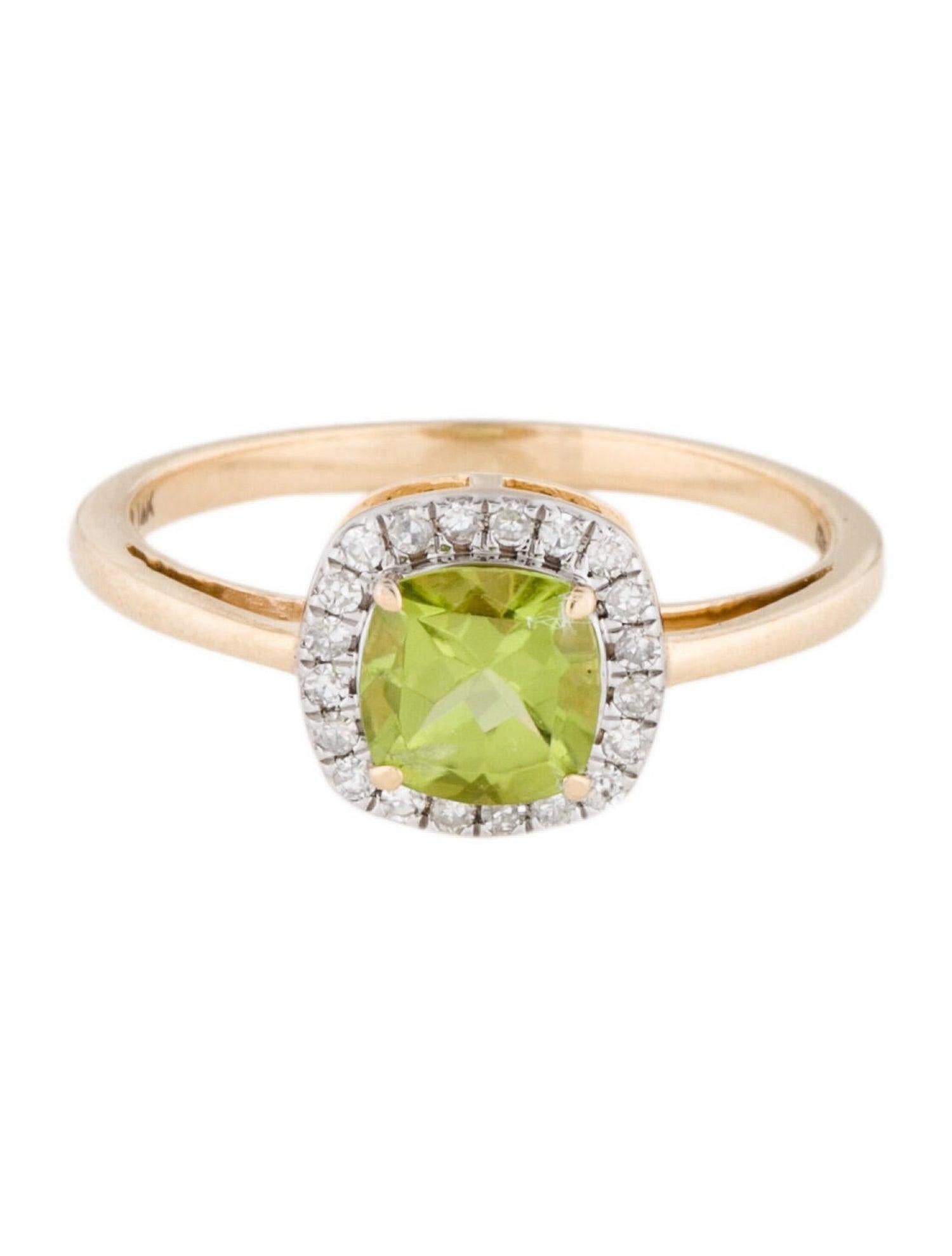 Elevate your style with the exquisite Harmony in Green collection by Jeweltique. This stunning Peridot and Diamond Ring is a testament to the natural beauty that surrounds us. The lush green hues of the cushion-cut Peridot, cradled in a 14k Yellow