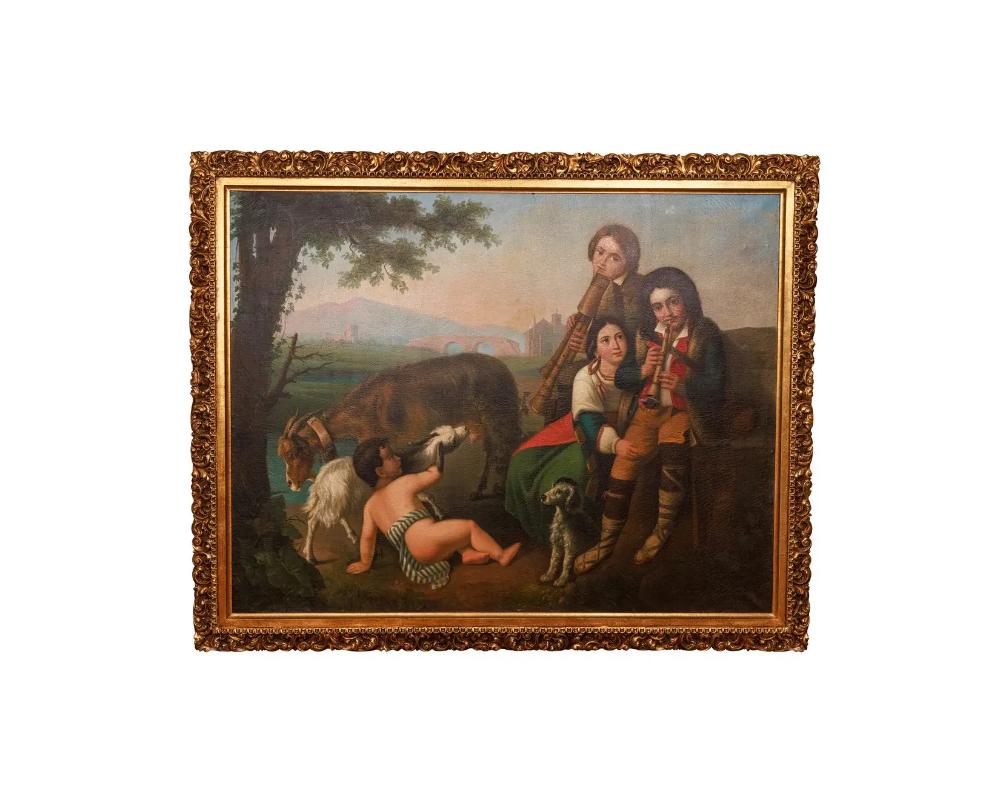 Immerse yourself in the rich tapestry of 19th-century Scottish life with this monumental oil on canvas painting. Capturing a moment of familial bliss, the artwork showcases a Scottish family joyfully playing musical instruments amidst the
