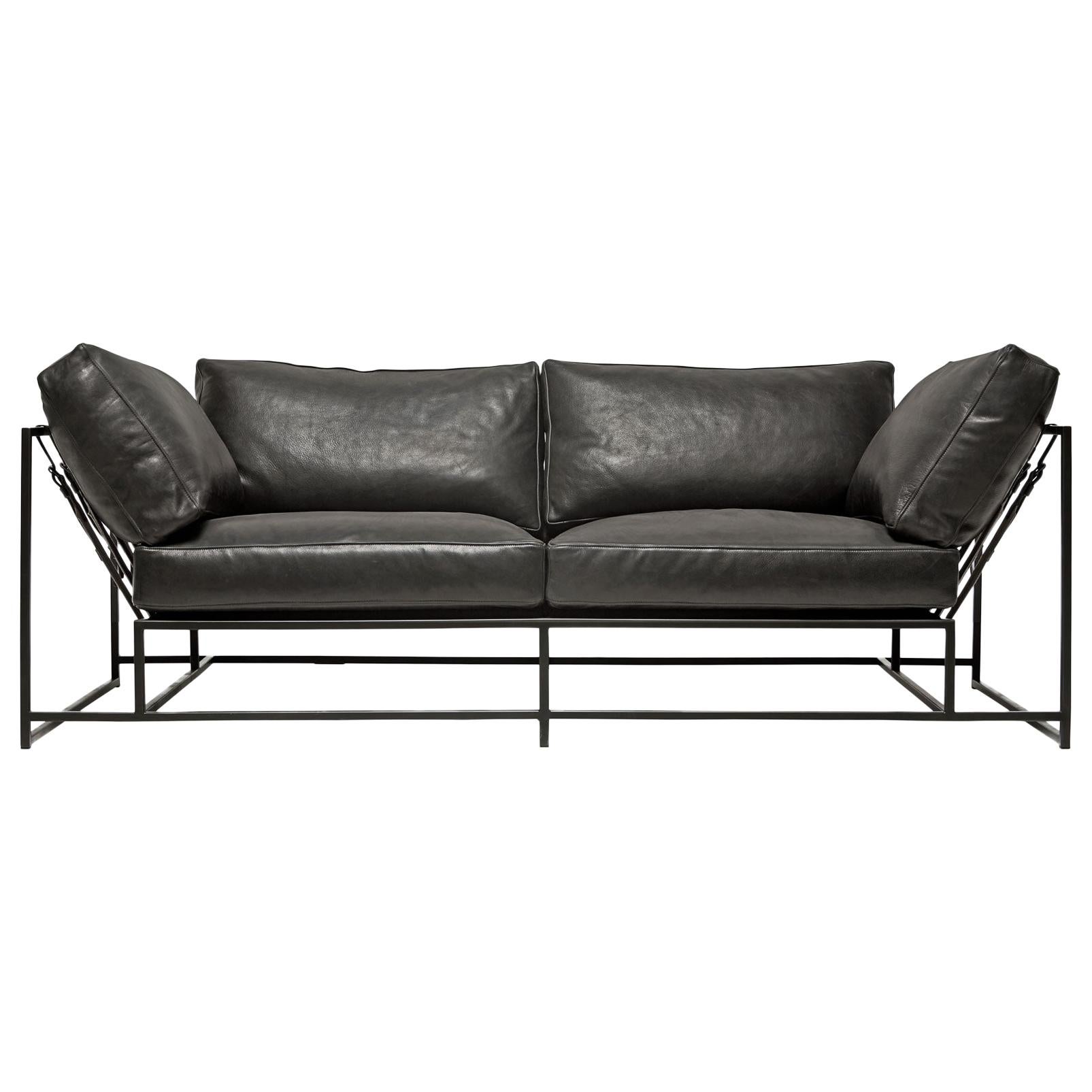 Pebbled Black Leather and Blackened Steel Two-Seat Sofa For Sale