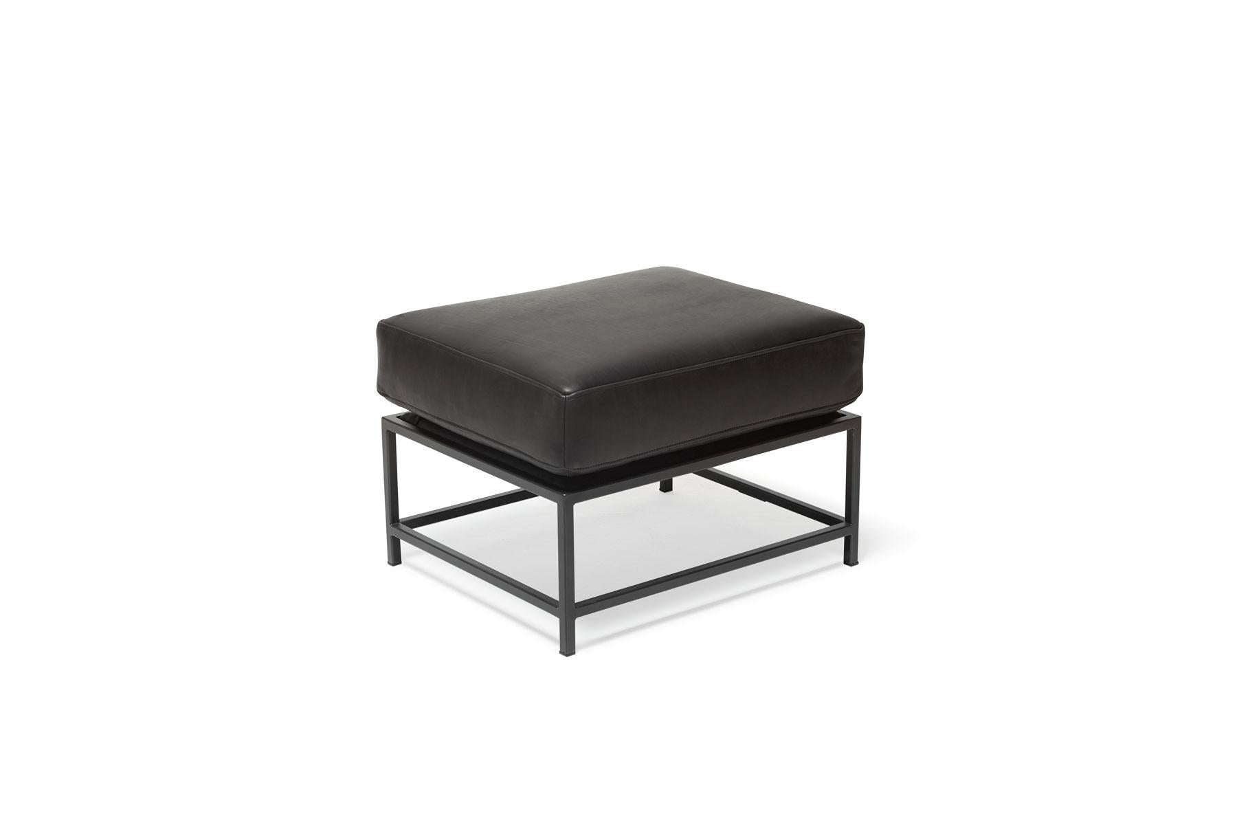 Modern Harness Black Leather and Blackened Steel Ottoman For Sale