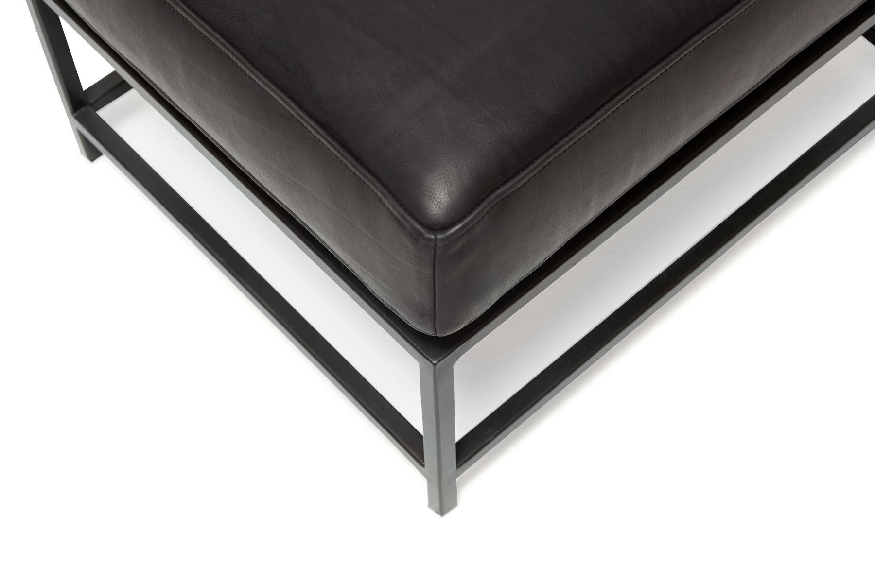 Modern Harness Black Leather and Blackened Steel Ottoman For Sale