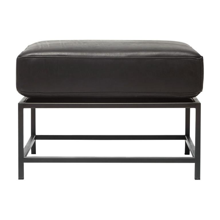 Harness Black Leather and Blackened Steel Ottoman For Sale