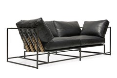 Pebbled Black Leather and Blackened Steel Two-Seat Sofa