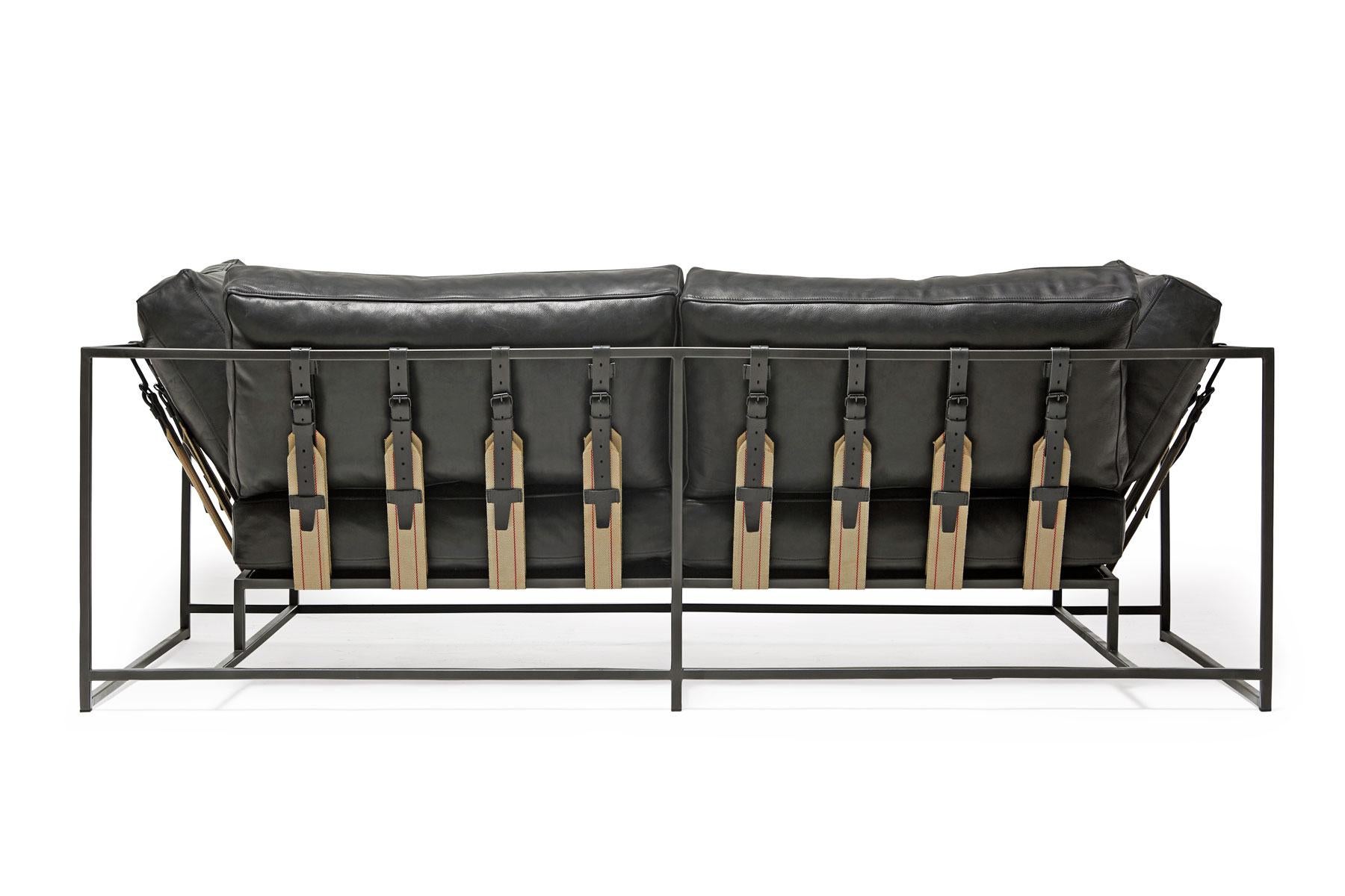 Modern Pebbled Black Leather and Blackened Steel Two-Seat Sofa For Sale