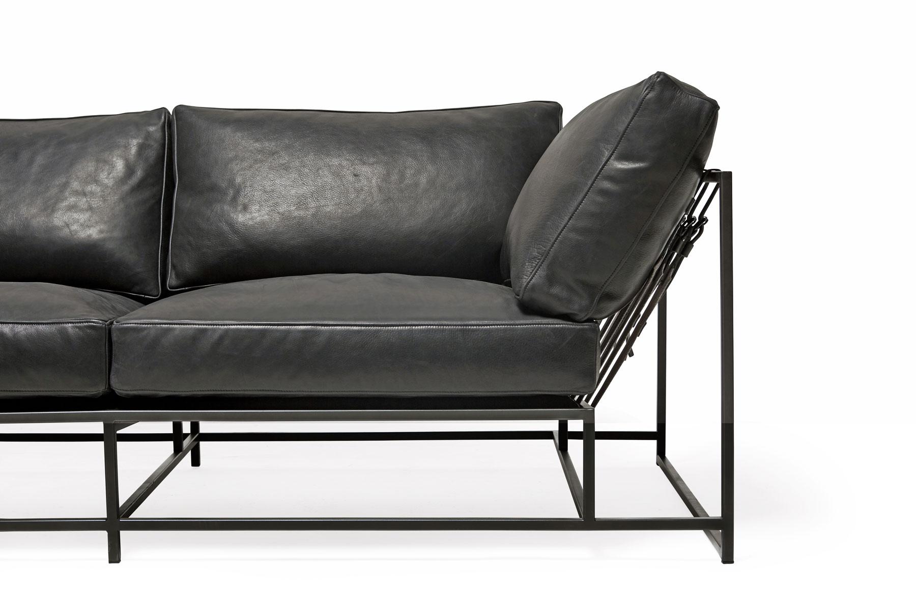 American Pebbled Black Leather and Blackened Steel Two-Seat Sofa For Sale