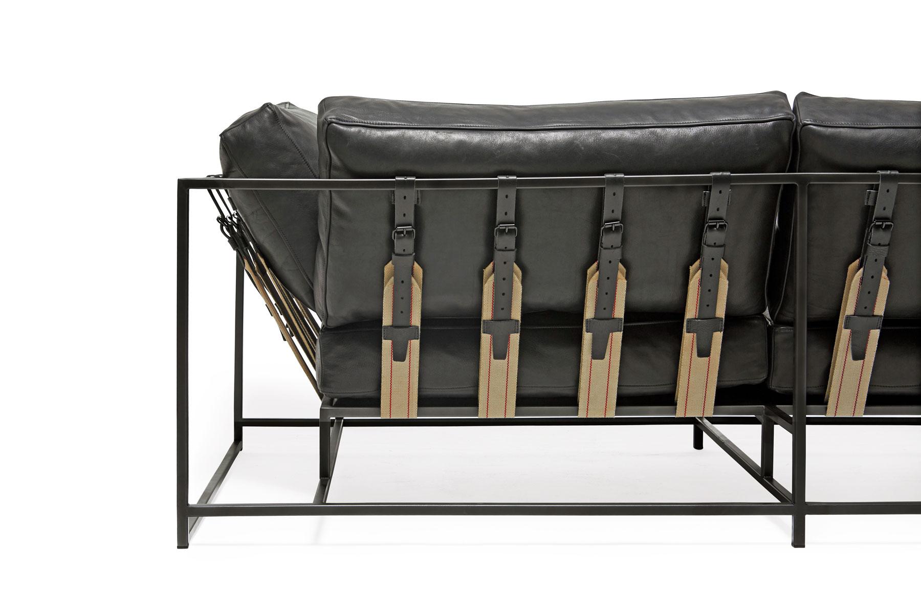 Metalwork Pebbled Black Leather and Blackened Steel Two-Seat Sofa For Sale