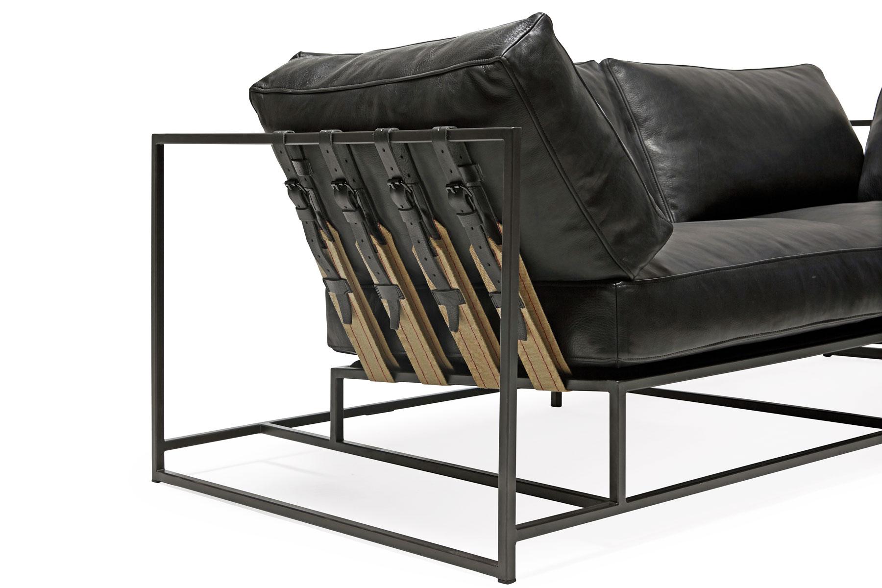 Contemporary Pebbled Black Leather and Blackened Steel Two-Seat Sofa For Sale