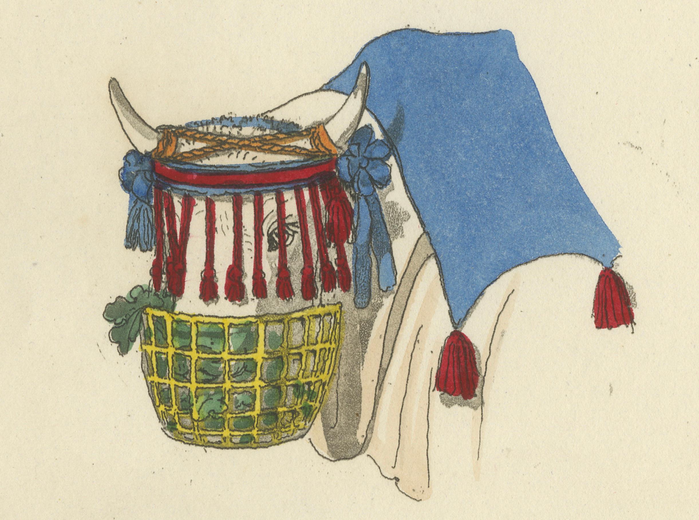 Gravure sur harnais : Harnais traditionnel pour mules et bœufs en Italie, gravure des années 1820 Bon état - En vente à Langweer, NL