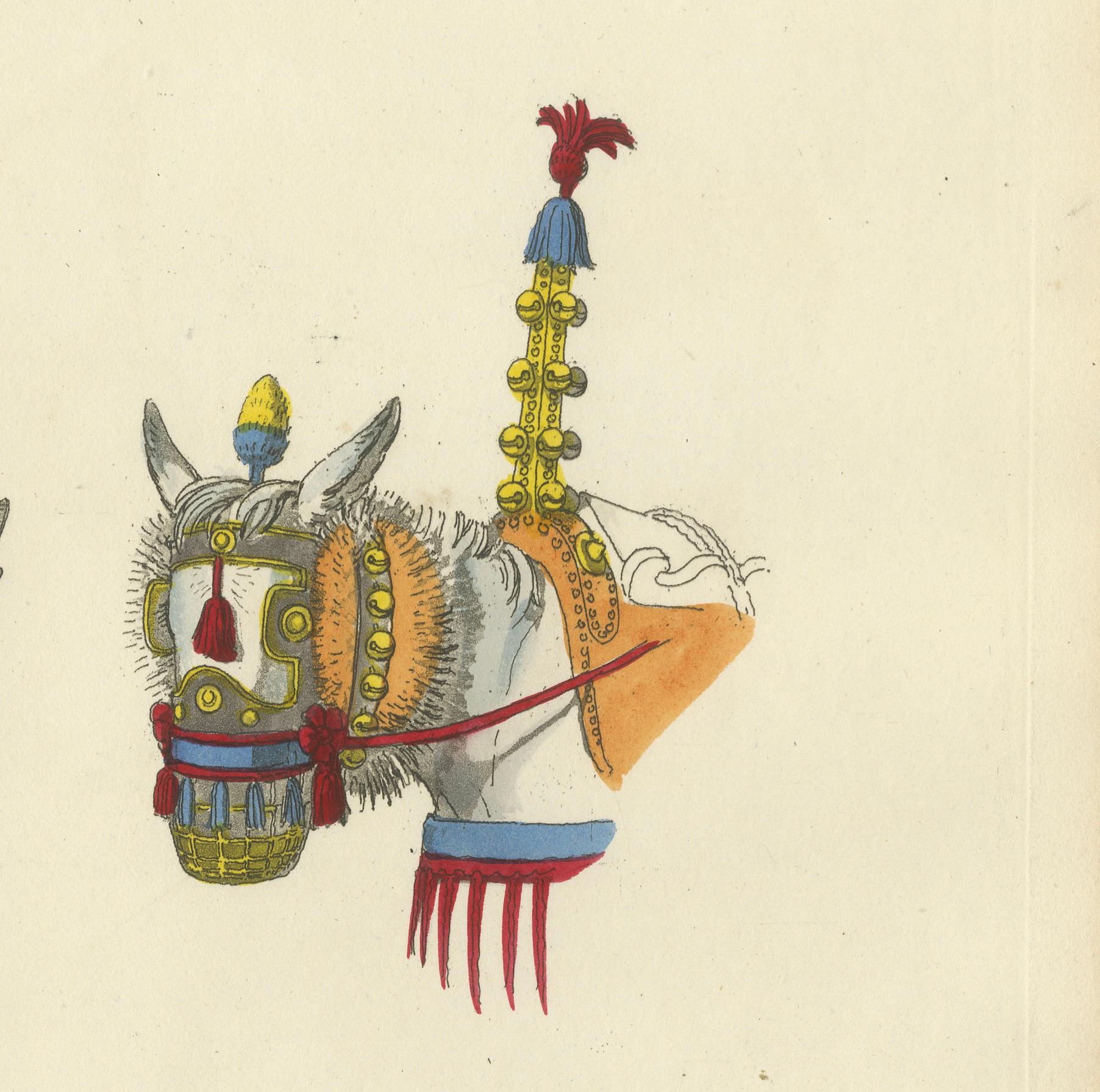 Papier Gravure sur harnais : Harnais traditionnel pour mules et bœufs en Italie, gravure des années 1820 en vente